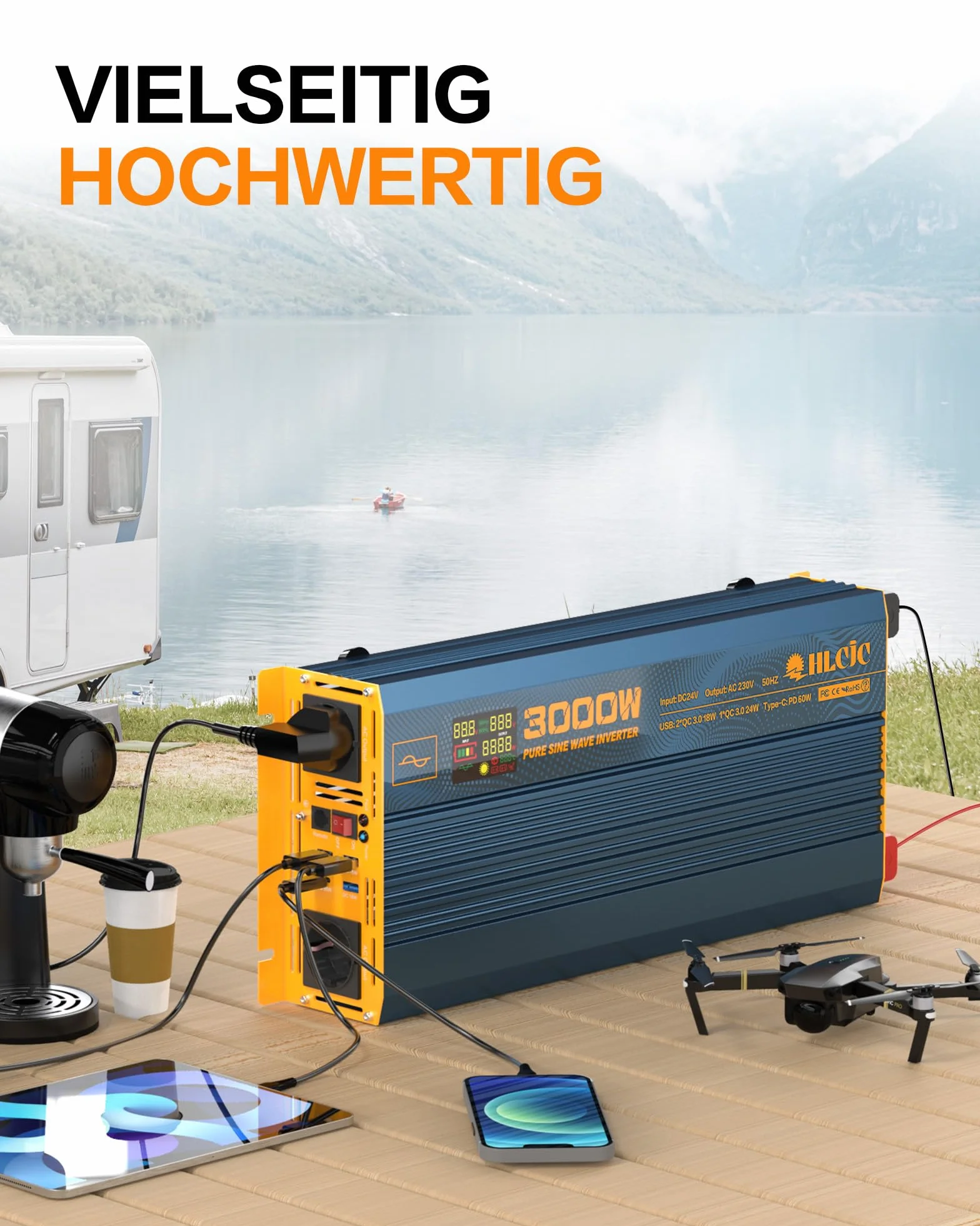 Inwerter sinusoidalny czystej fali, 3000 W, 24 V, 24 V na 230 V, z 2 gniazdami europejskimi, 1 portem USB-C, 3 portami USB-A z szybkim ładowaniem, wyświetlacz LCD do autokaravany, ciężarówki