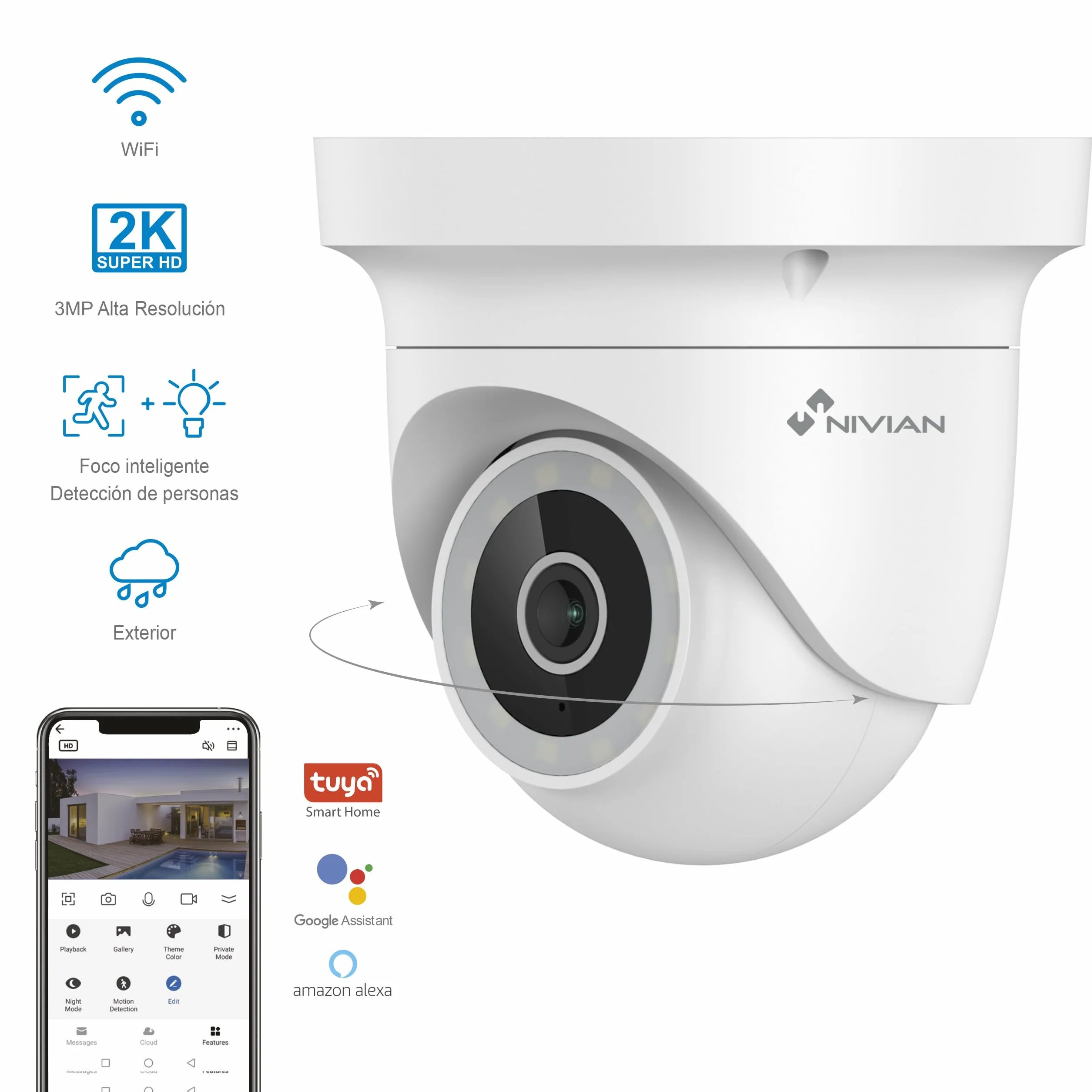 NIVIAN Kamera bezpieczeństwa z silnikiem 2K z WiFi, wykrywaniem ruchu, noktowizorem, dwukierunkowym dźwiękiem, automatycznym śledzeniem i kontrolą głosową i aplikacją Tuya