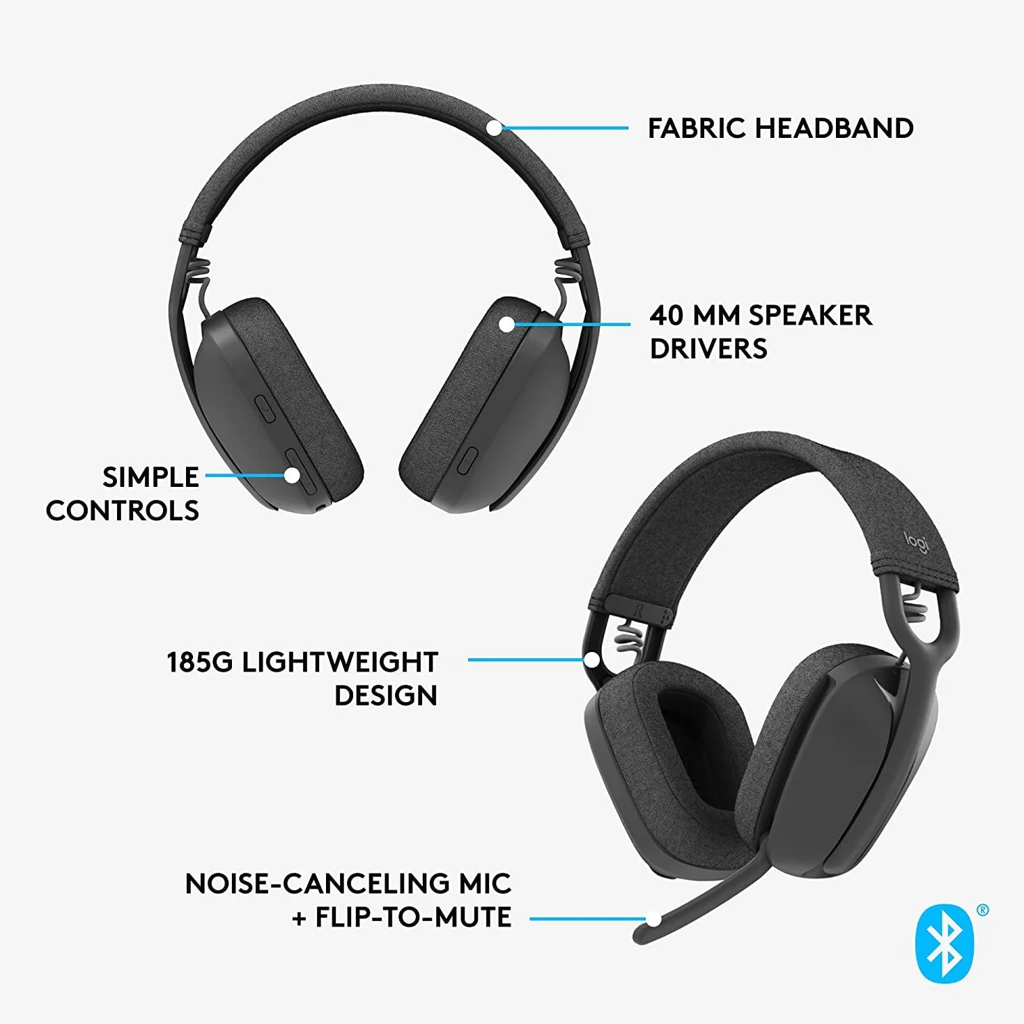Bezprzewodowe słuchawki Logitech Zone Vibe Bluetooth z mikrofonem z redukcją szumów tła, USB-A, USB-C dla Google Meet, Google Voice, Zoom, Mac/PC, Grafitowy