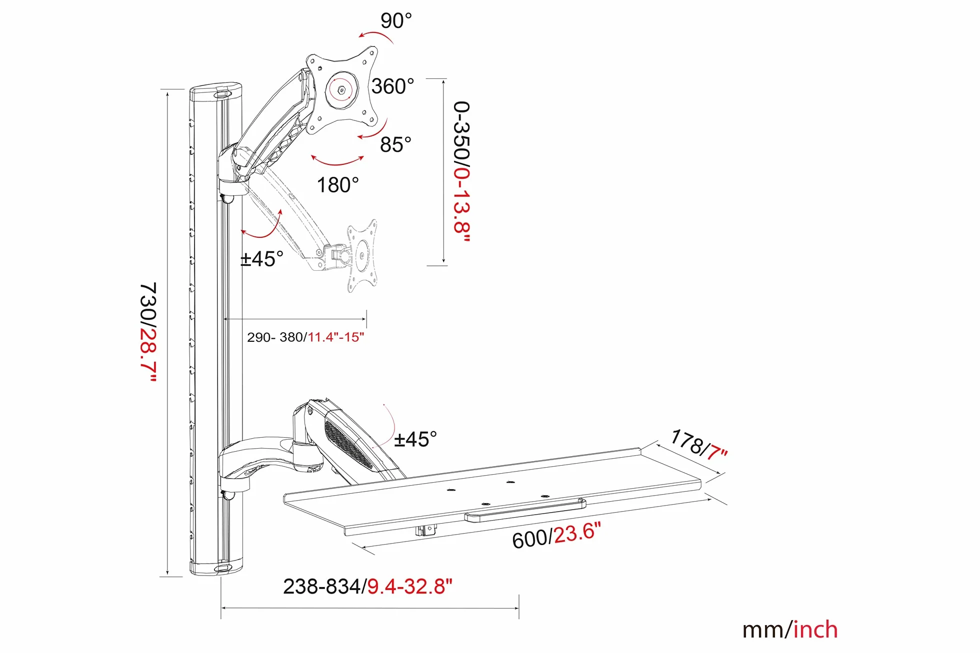 DIGITUS DA-90354 - Stacja robocza stojąca/siedząca - Uchwyt do monitora z półką na klawiaturę - Montaż ścienny - 2x sprężyna gazowa - 1 monitor - Do 27 cali - VESA 75x75, 100x100 - Srebrny
