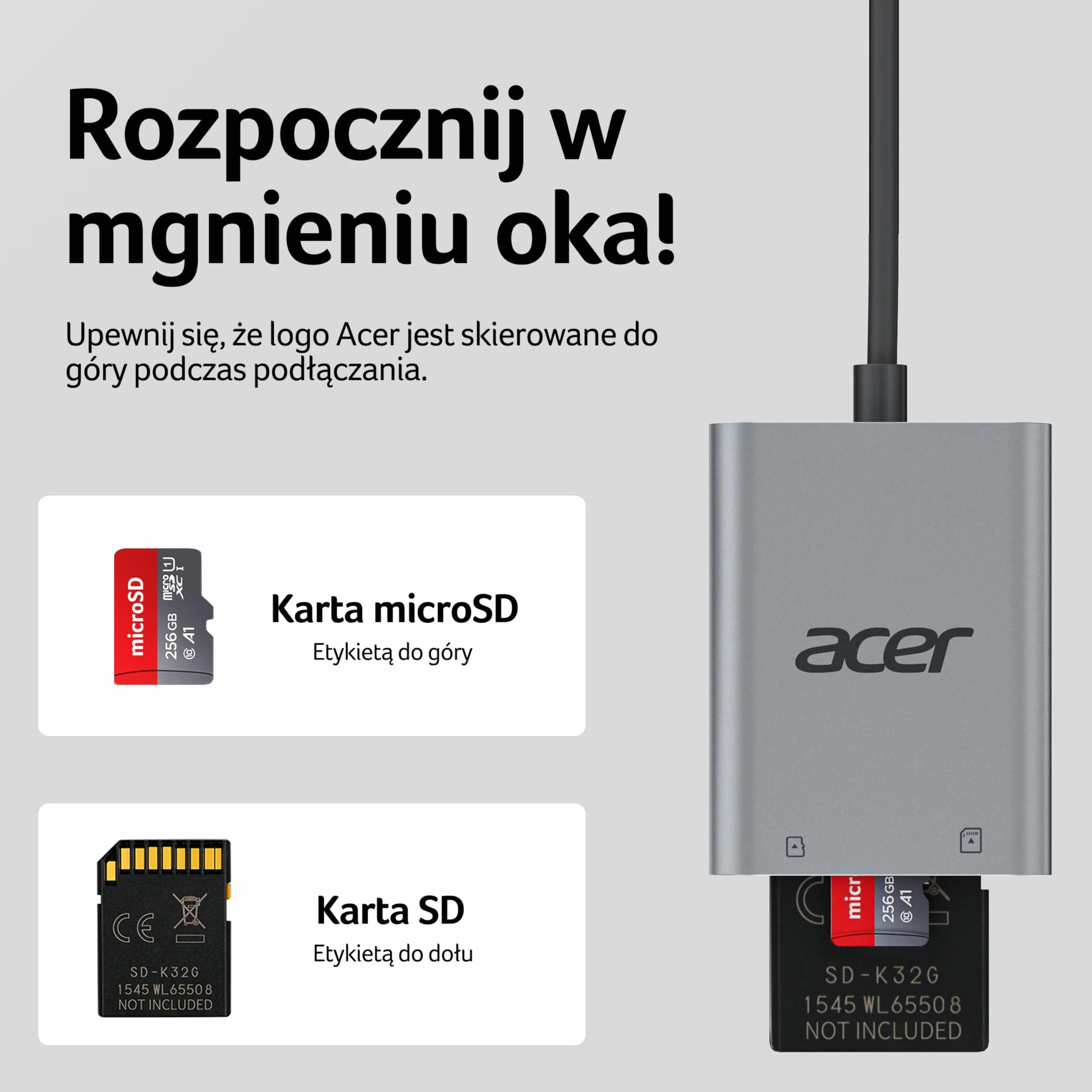 Acer Czytnik kart SD USB 3.0 z kablem, Aluminiowy czytnik kart pamięci UHS-I, USB-A Adapter micro SD Wysoka prędkość, do kart SDXC, micro SDHC, TF, RS-MMC, Komputer, PC, laptop, kamera szlakowa