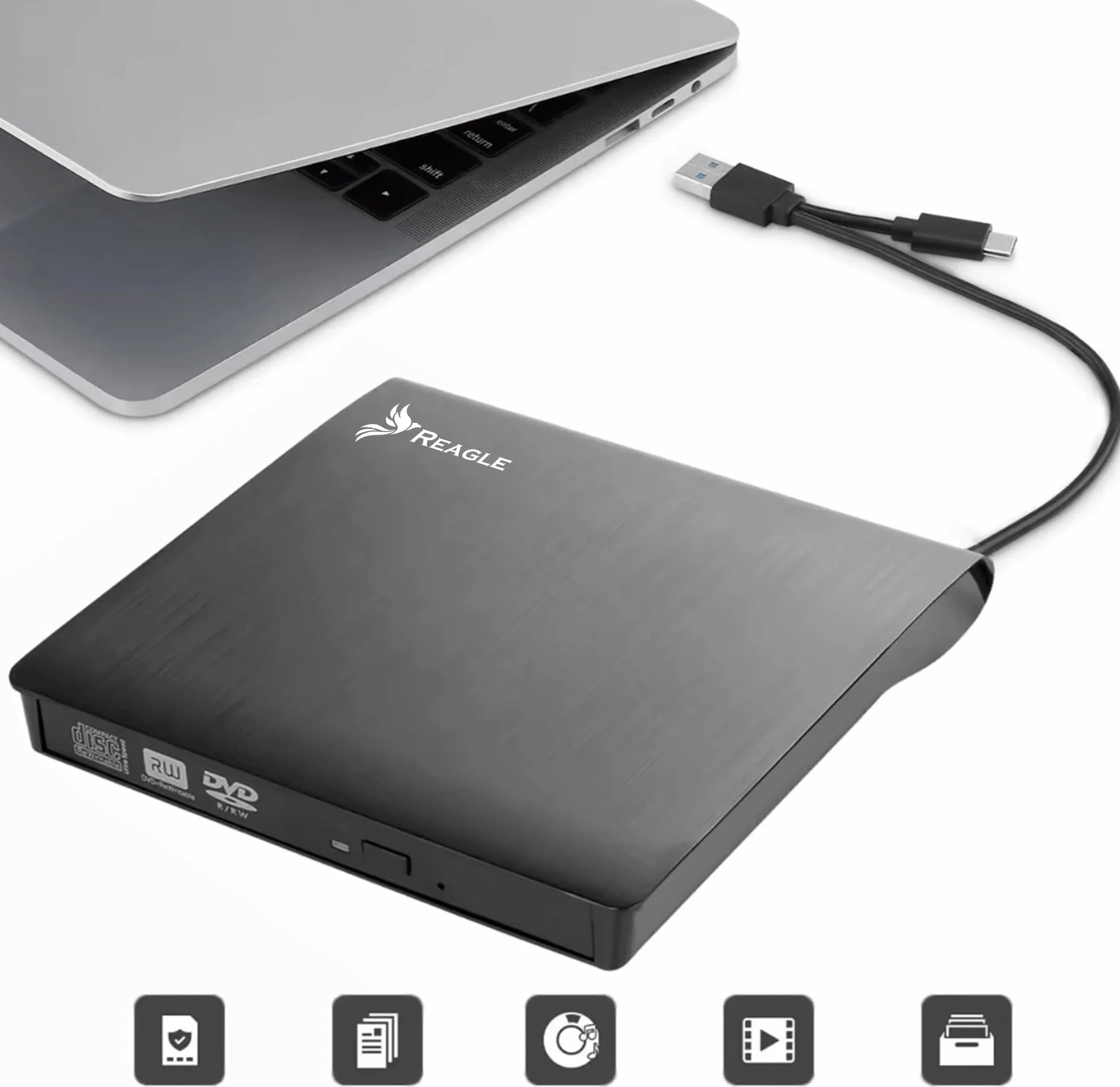 Reagle Zewnętrzny napęd CD/DVD USB-C i USB-A 2 w 1, zewnętrzny palnik i czytnik do laptopów Windows Linux Plug & Play USB 3.2 Gen 1 5 Gbps Slim Design czarny