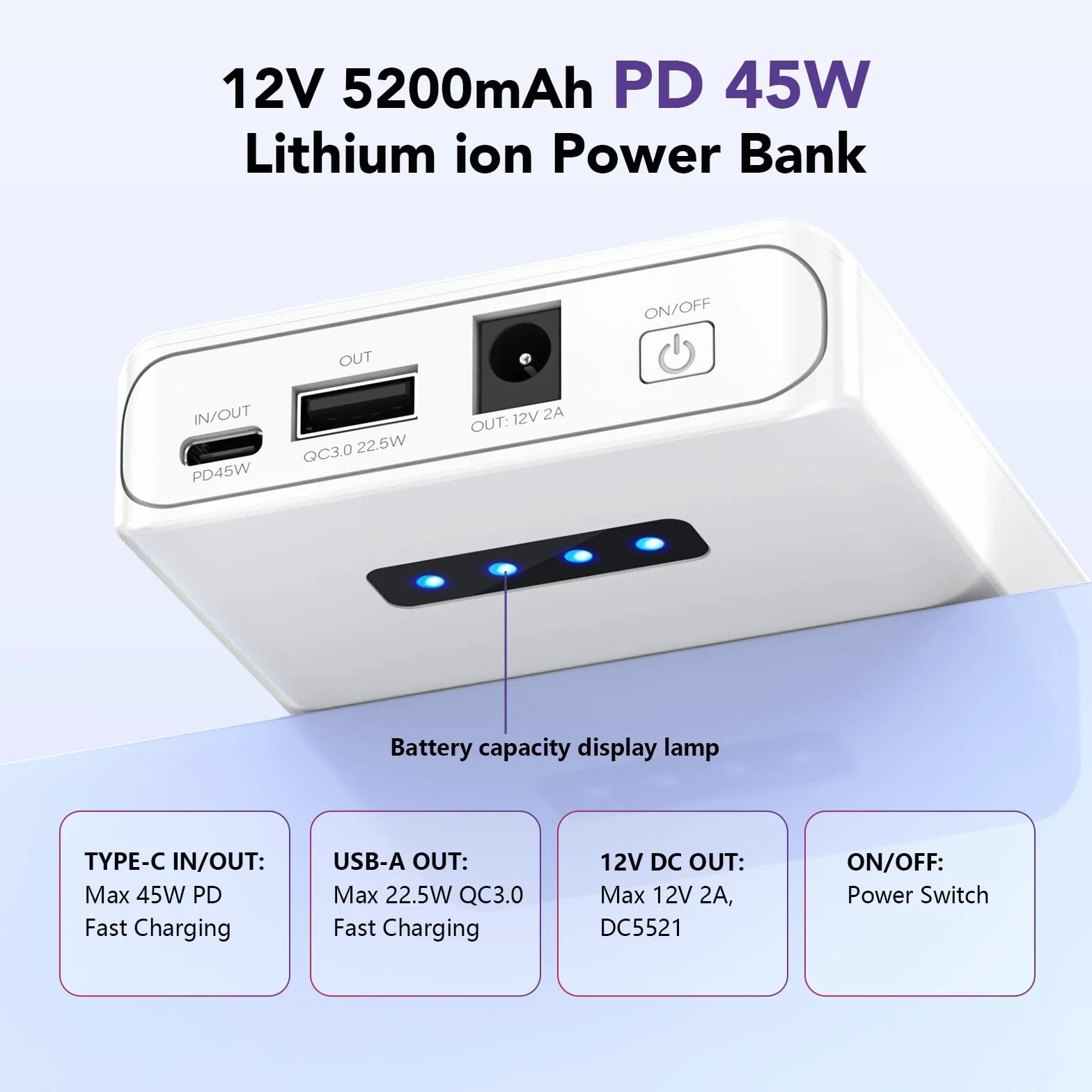 NASTIMA Power Bank 12 V 5200 mAh 56,16 Wh akumulator litowo-jonowy z wyjściem 12 V DC i 12 V 5 V USB-A QC3,0 45 W typu C potrójne wyjście do taśm LED, kamer CCTV, kamer, lornetek