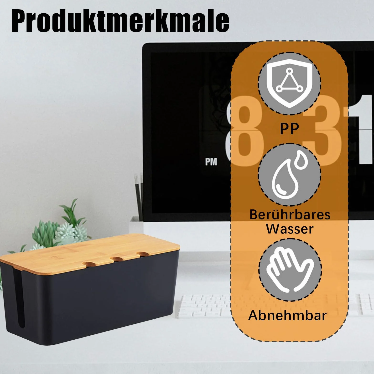 Skrzynka na kable, 32 x 13,6 x 12,7 cm, skrzynka na gniazdka z drewnianą pokrywą, organizer na kable z opaskami kablowymi i uchwytami na kable, do organizacji biurka, kolor czarny