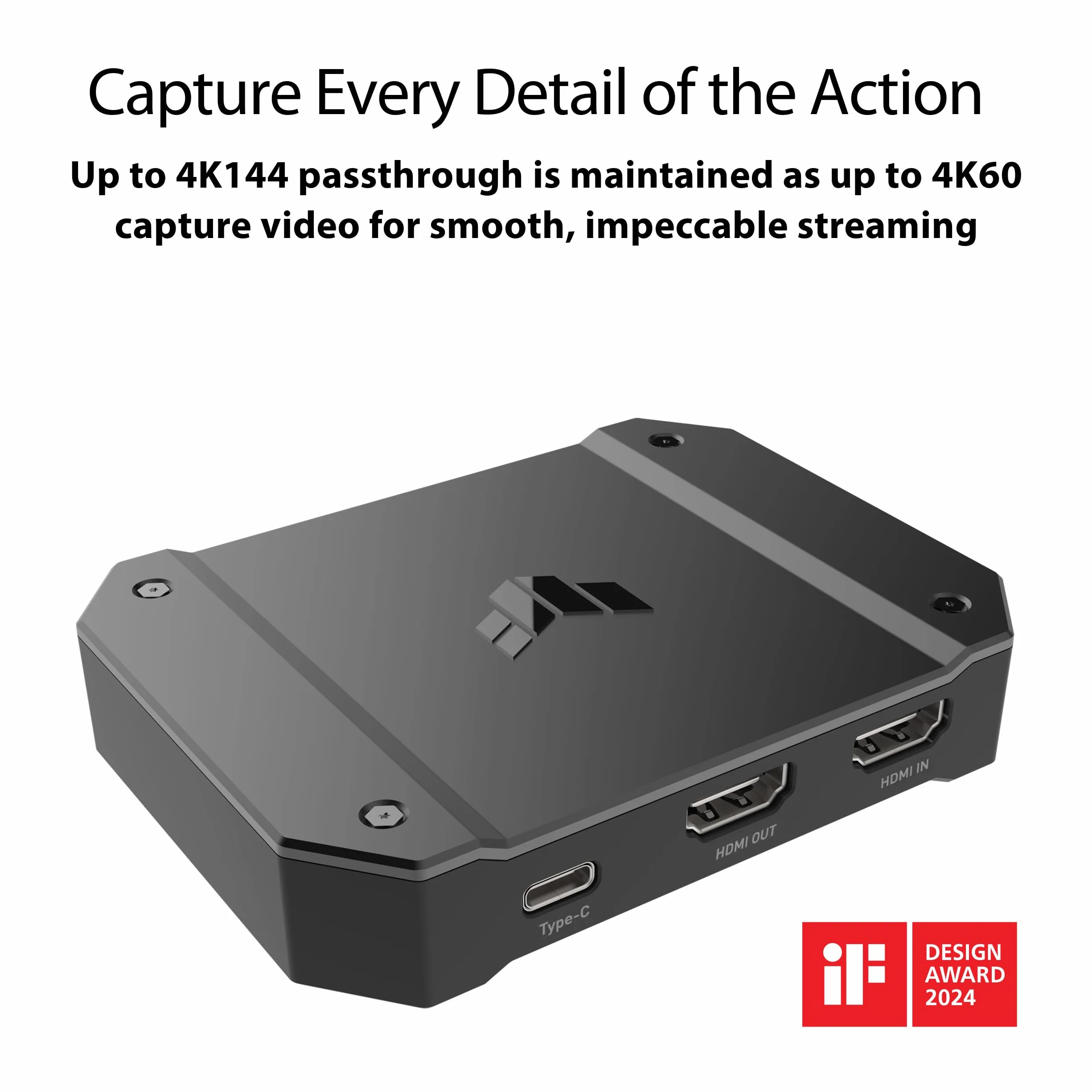 ASUS TUF Capture Box 4KPRO – kompatybilność HDMI 2.1, 4K do 60 kl./s, 2K do 120 kl./s i Full HD do 120 kl./s, Plug-and-Play USB 3.2 Gen 2, dwa gniazda 3,5 mm, certyfikat OBS, VRR