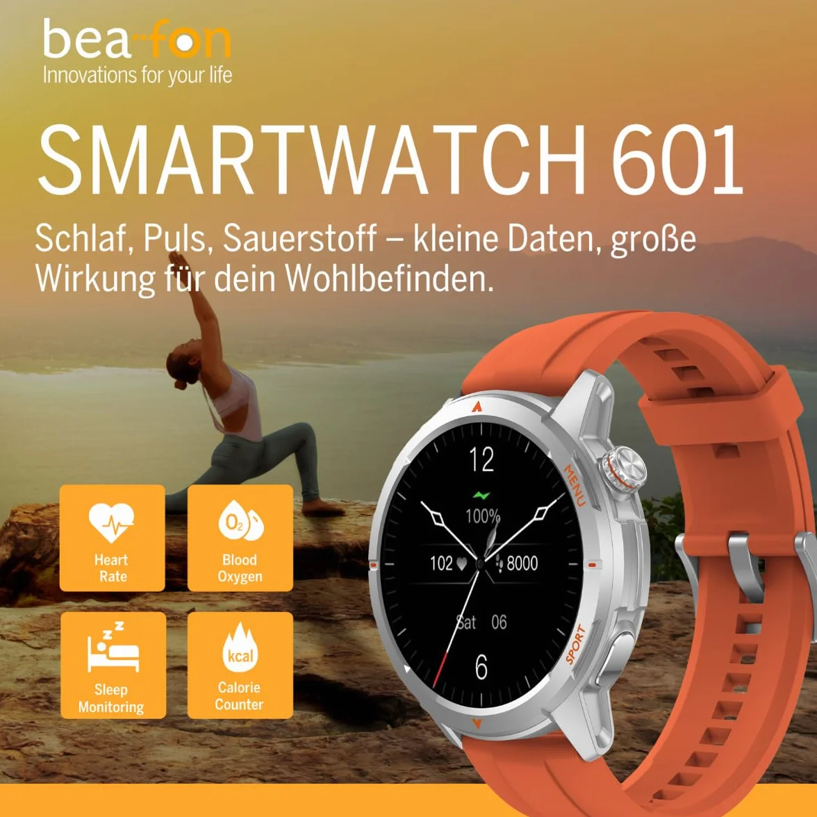 Beafon, Smartwatch 601, zegarek na rękę, wyświetlacz AMOLED 3,63 cm, szkło panda, kompas, wysokościomierz, IP68, 5ATM, tryb sportowy, tętno, tlen we krwi, krokomierz, połączenia Bluetooth, GPS