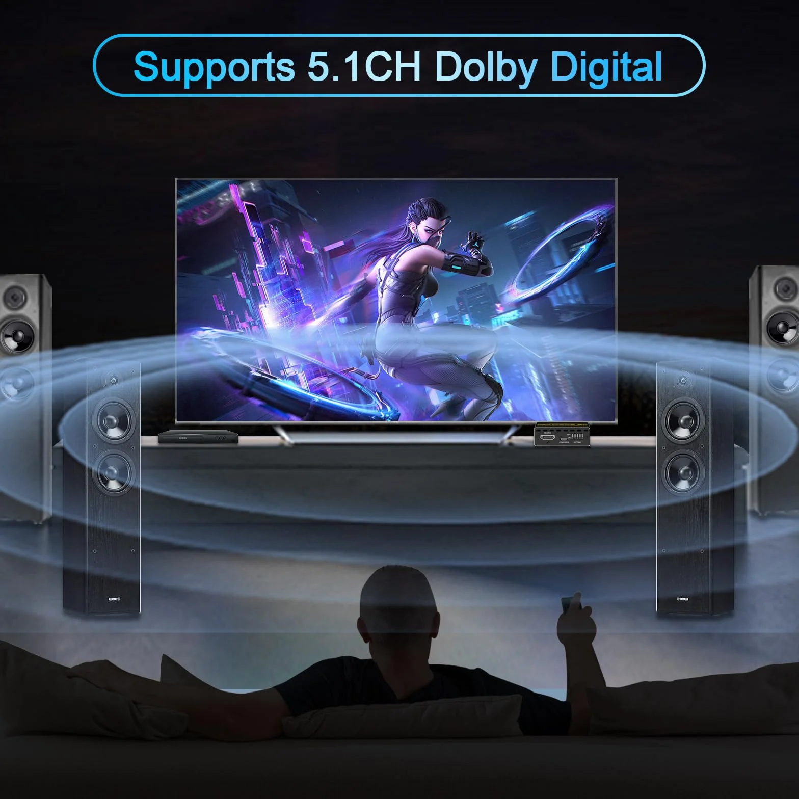 HDMI 4K 60Hz 1080P 120Hz PS5 HDCP 2.2 CEC D-olby Vision HDR, optyczna rozpad SPDIF 5,1CH+3,5 mm stereo L/R Audio Breakout, dekoder audio Dolby Digital Audio, zarządzanie EDID