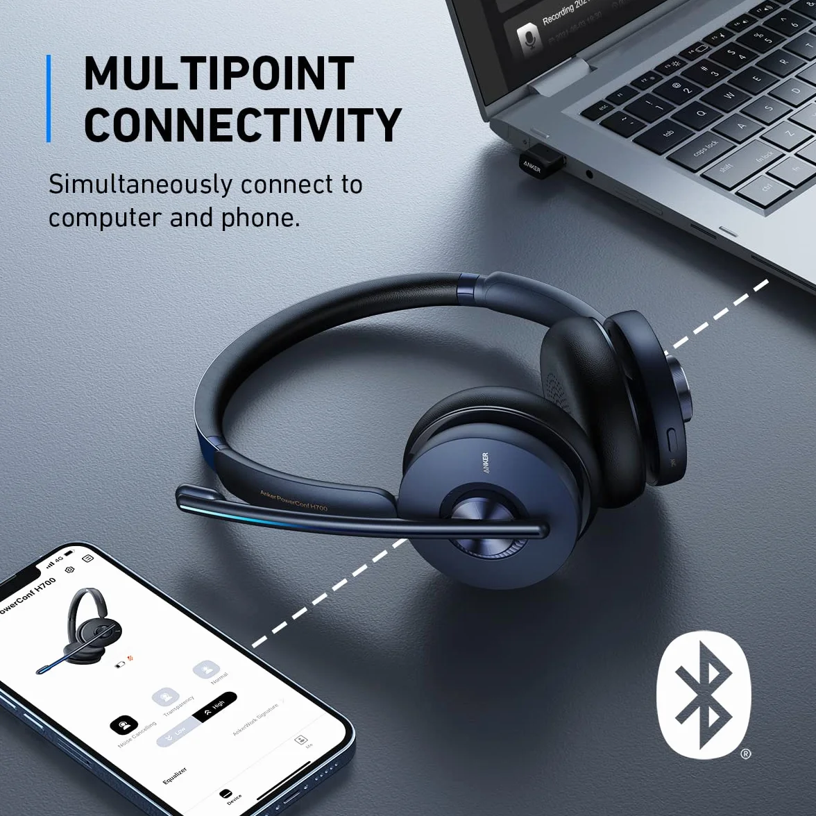 Anker PowerConf H700 zestaw słuchawkowy Bluetooth z mikrofonem i stacją ładującą, aktywna redukcja szumów, nagrywanie audio, funkcja transkrypcji spotkań, połączenia z funkcją S.I., kompatybilny z aplikacjami, wydajność: 24 godziny