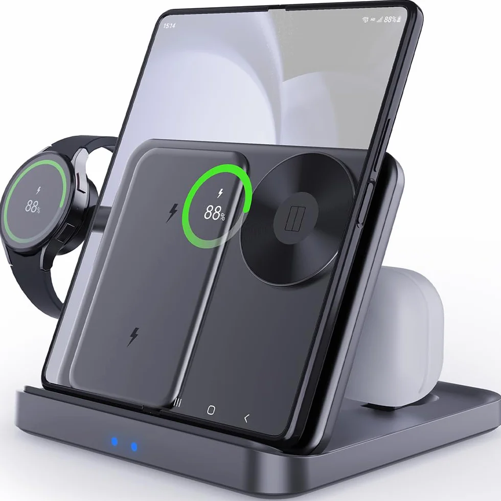 Bezprzewodowa Ładowarka, 15W Ładowanie Stacja Ładująca, Stojak do Ładowarki Bezprzewodowej LED Adaptacyjny, Ładująca Podstawka dla iPhone 17 16 15 14 13 12 Pro Max Samsung S24 S23 etc