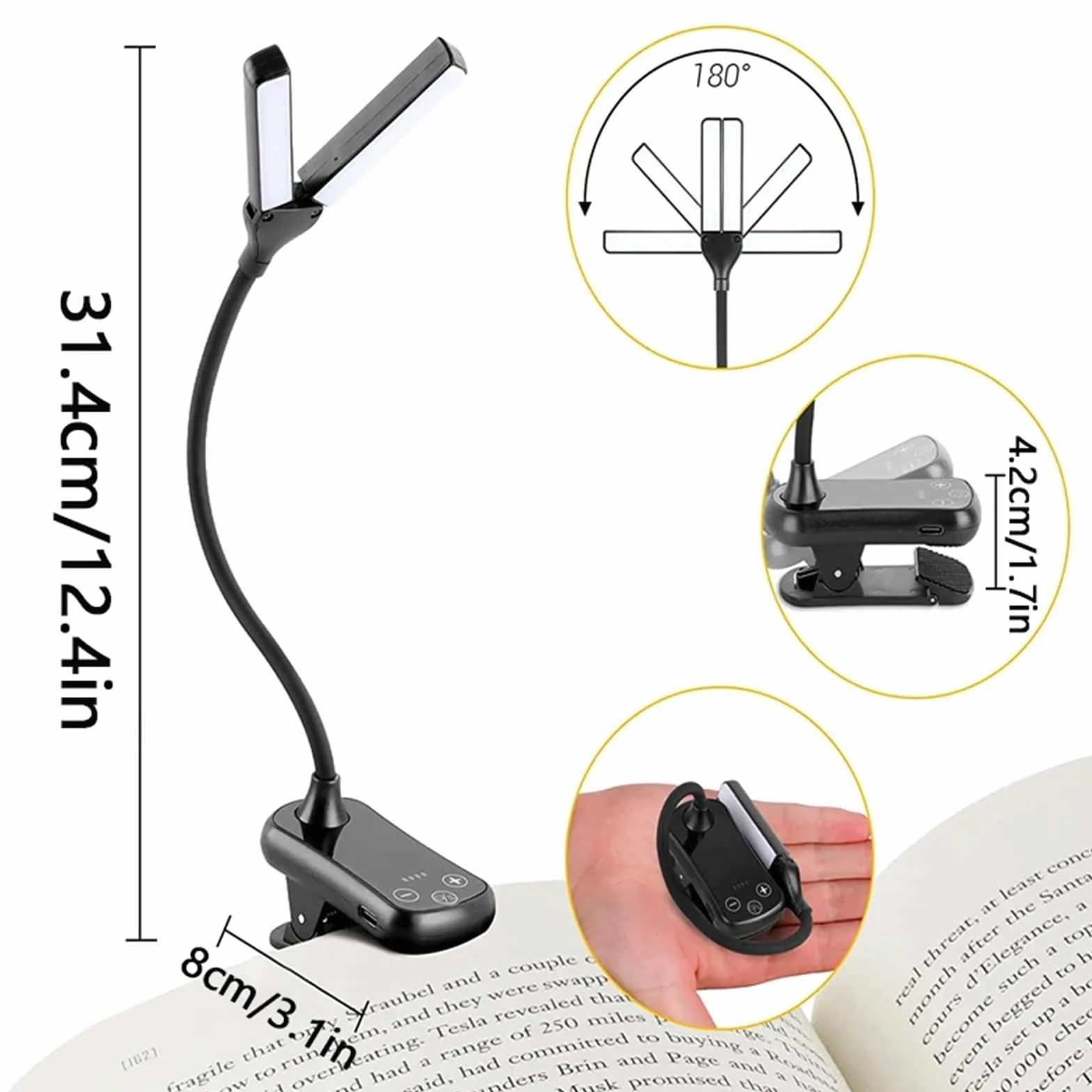 Lampka do czytania USB LED ładowalna lampka do czytania klips regulowana elastyczna lampka nocna do nauki czytania biuro lampka nocna 1 szt., SAGESWA, biała