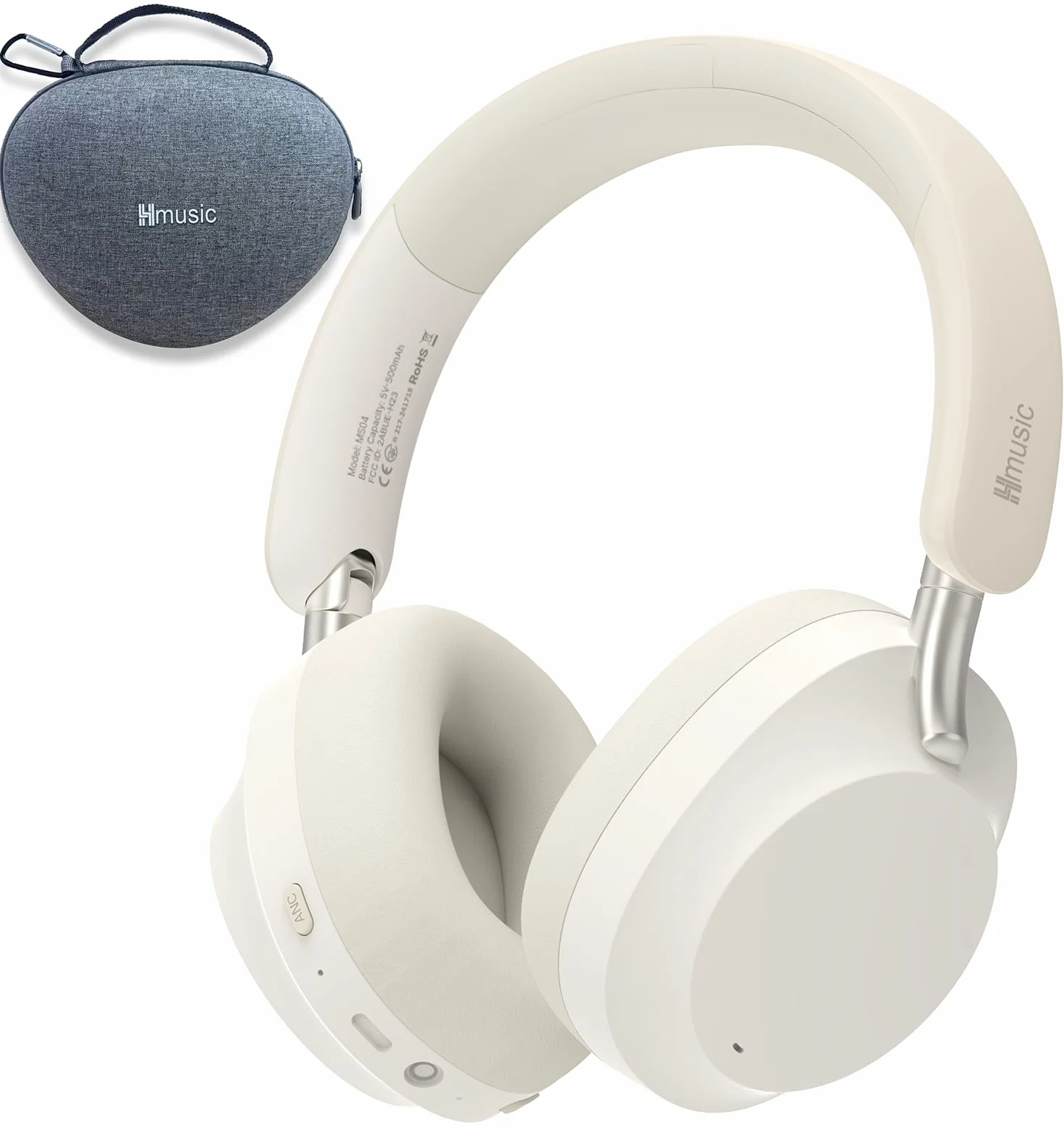 Hmusic MS04 4-Mik Słuchawki Bluetooth ANC, 80H Czas Pracy | Nauszne Słuchawki Bluetooth, Kabel Aux 3.5mm, z Etui, Białe Składane Słuchawki Bezprzewodowe do Gry/Podróży/Pracy/Dojazdów