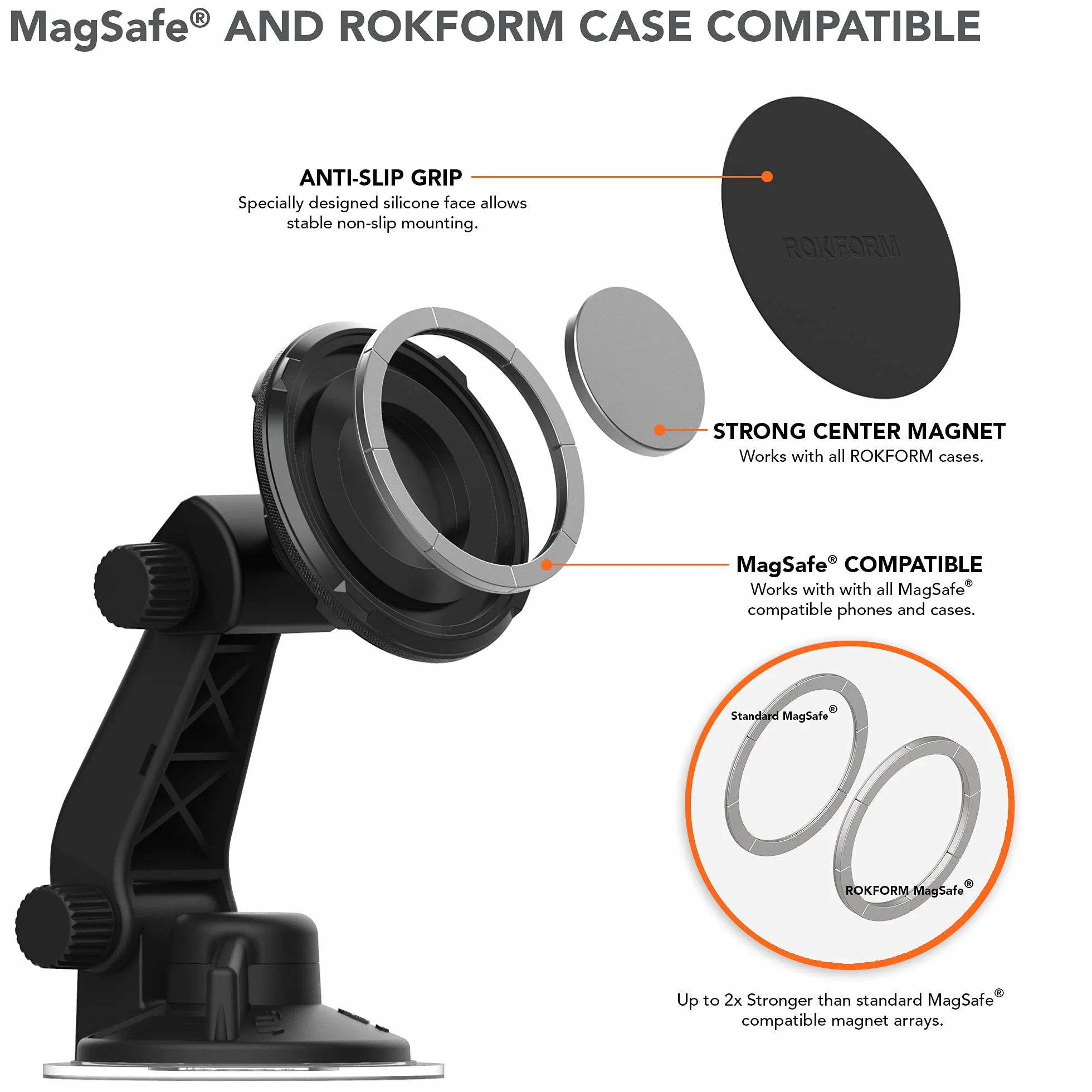 Rokform - Regulowany magnetyczny uchwyt na telefon do przedniej szyby, kompatybilny z obudowami Rokform i etui na telefon MagSafe, mocna przyssawka, nachylenie o 210°, obrót o 360°
