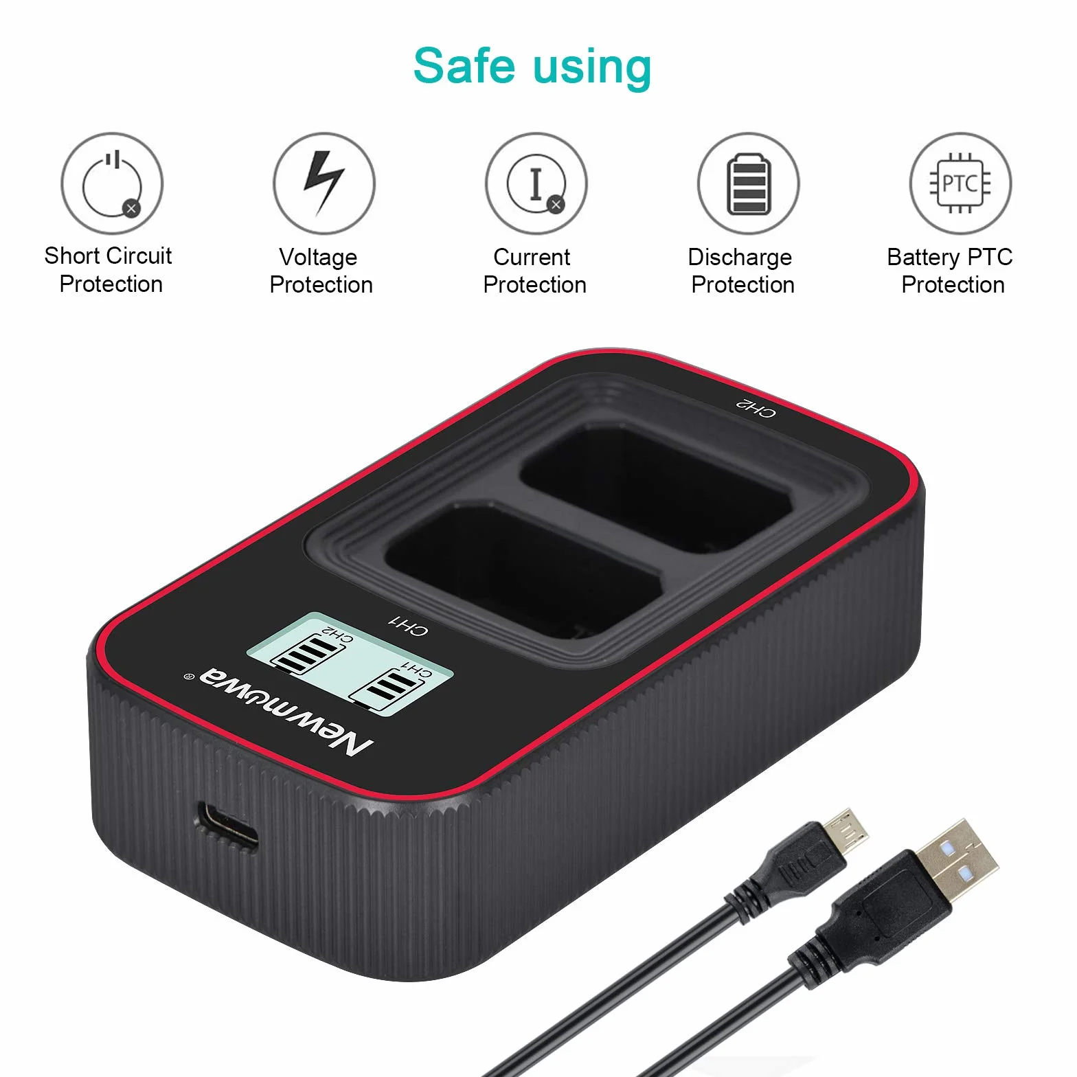 Newmowa Inteligentny wyświetlacz LCD podwójna ładowarka USB do Sony NP-FW50, Sony Alpha a3000, Alpha a5000, Alpha a5100, a6000, a6100, a6300, a6400, a6500, Alpha 7, a7, Alpha 7R, A7R, Alpha 7S, a7S