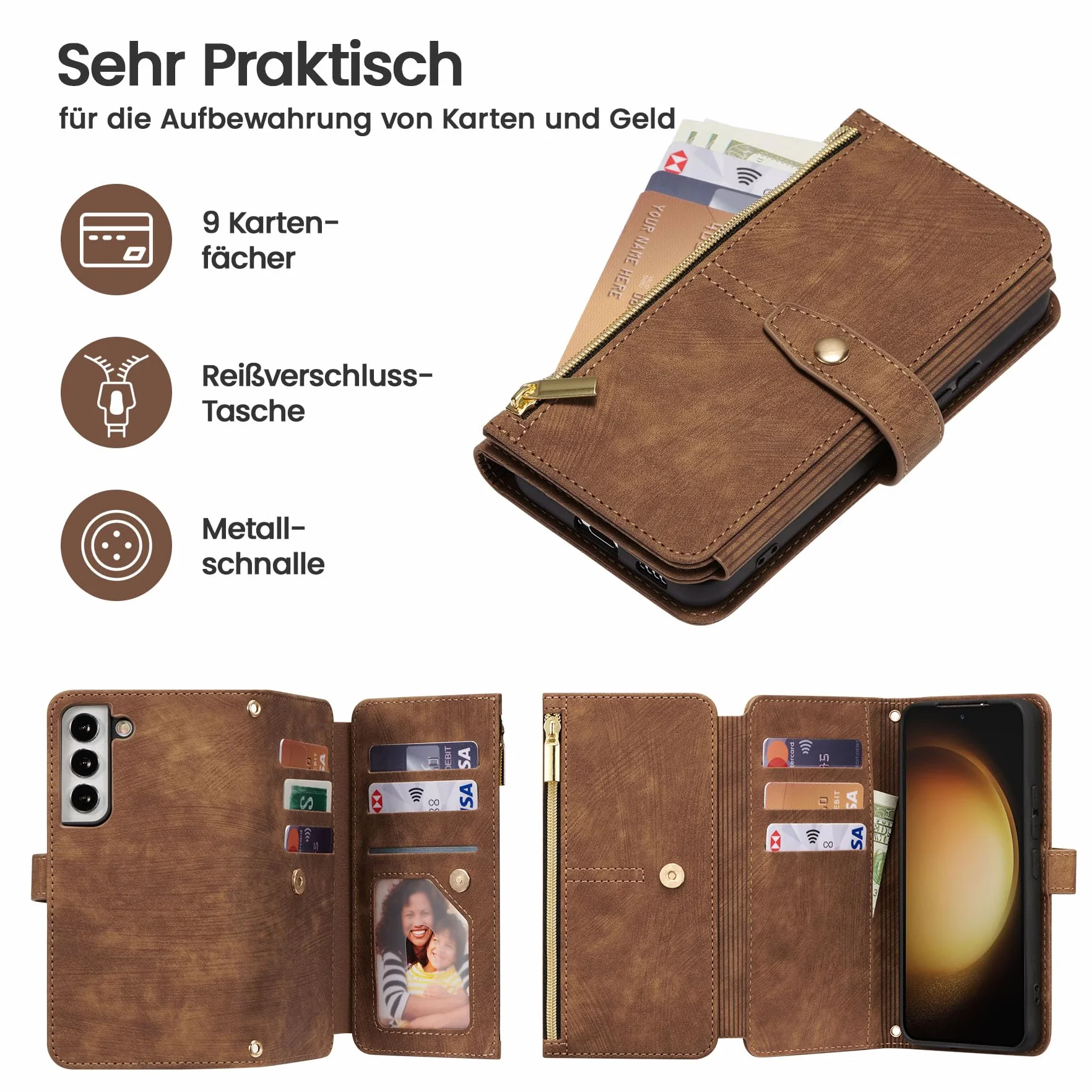 ZCDAYE Etui do Samsung Galaxy S24 z paskiem na telefon komórkowy, skórzane etui na telefon komórkowy Samsung S24, etui na telefon komórkowy z przegródkami na karty, damskie etui z klapką do
