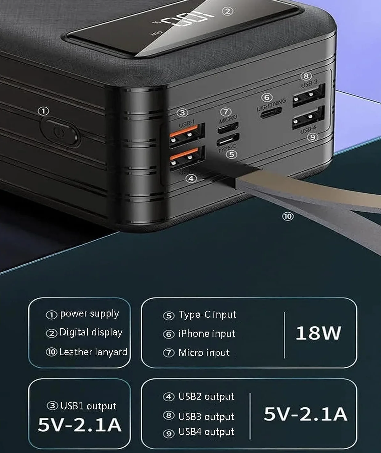 Power Bank Przenośna ładowarka USB 100000 mAh akumulator o dużej pojemności z wyświetlaczem szybkie ładowanie do wszystkich kompatybilnych smartfonów, tabletów, konsol do gier (czarna)