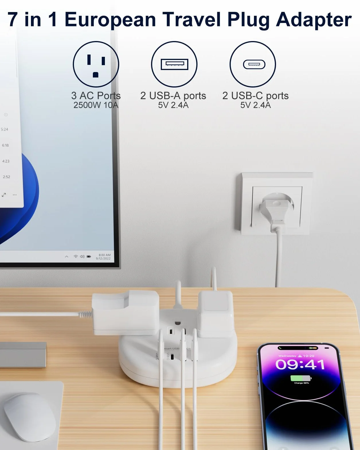 Europejski adapter wtyczki podróżnej z USB C, adapter gniazdka z 3 gniazdami AC i 4 portami USB, adapter wtyczki typu C dla USA do większości Europy Islandii, Hiszpanii, Włoch, Francji, Niemiec itp