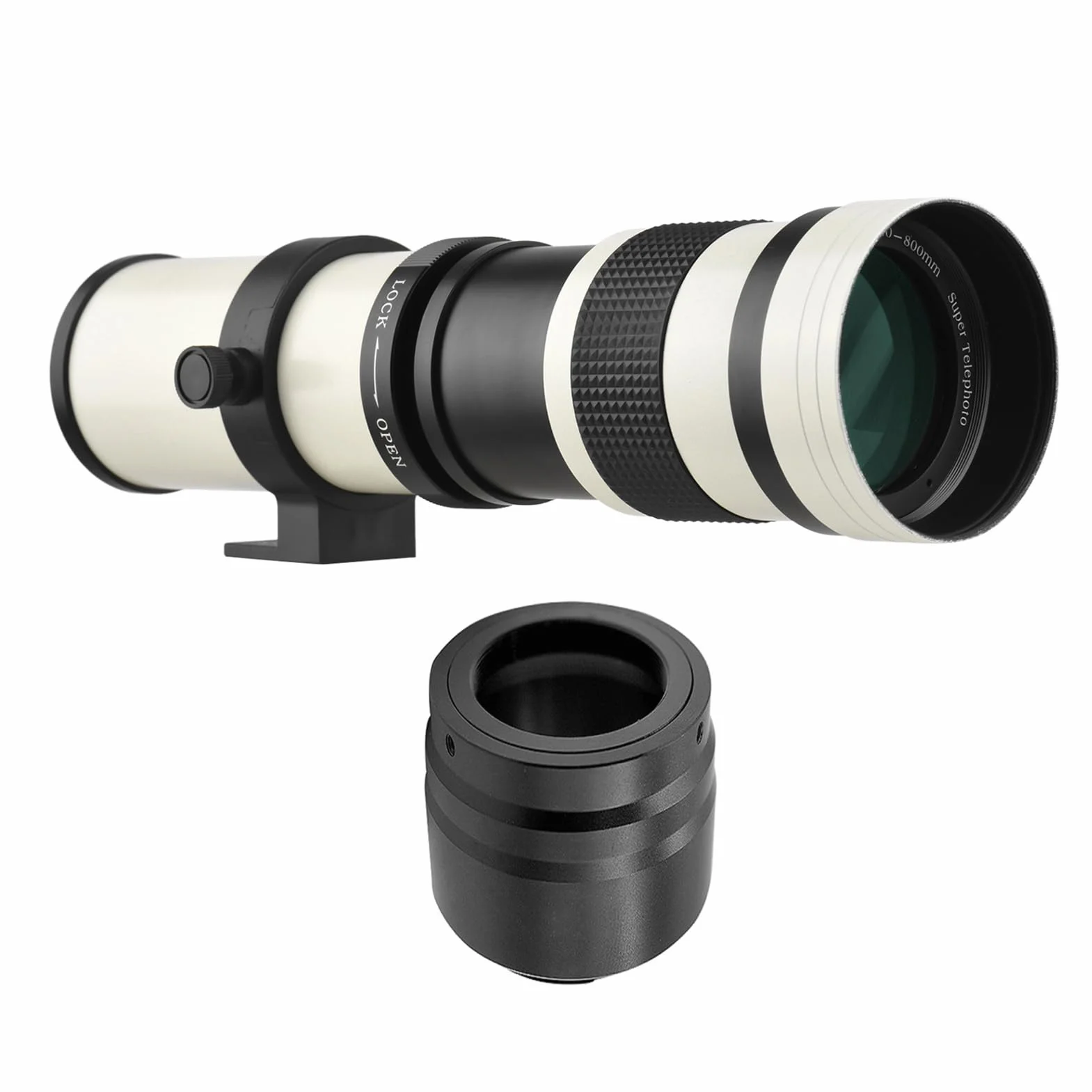 Yctze Super Teleobiektyw Zmiennoogniskowy F/8,3-16 420-800 Mm Mocowanie T2 z Pierścieniem Pośrednim do Mocowania RF Zamiennik Gwintu 1/4 do Aparatów R/ R3/ R5/ R5C/ R6/ RP z Mocowaniem RF (WHITE)