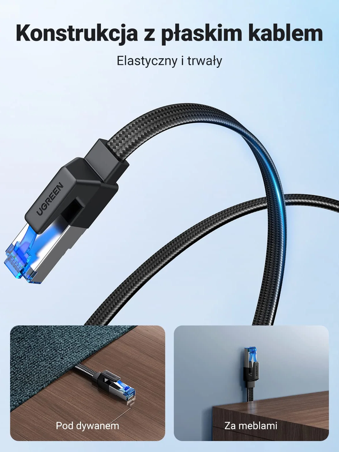 UGREEN Kabel Ethernet Cat8 Płaski Pleciony 40Gbps 2000Mhz Kompatybilny Z Ps5, Ps4, Sky Box, Smart Tv, Switch, Routerem Itp. (0,5M)