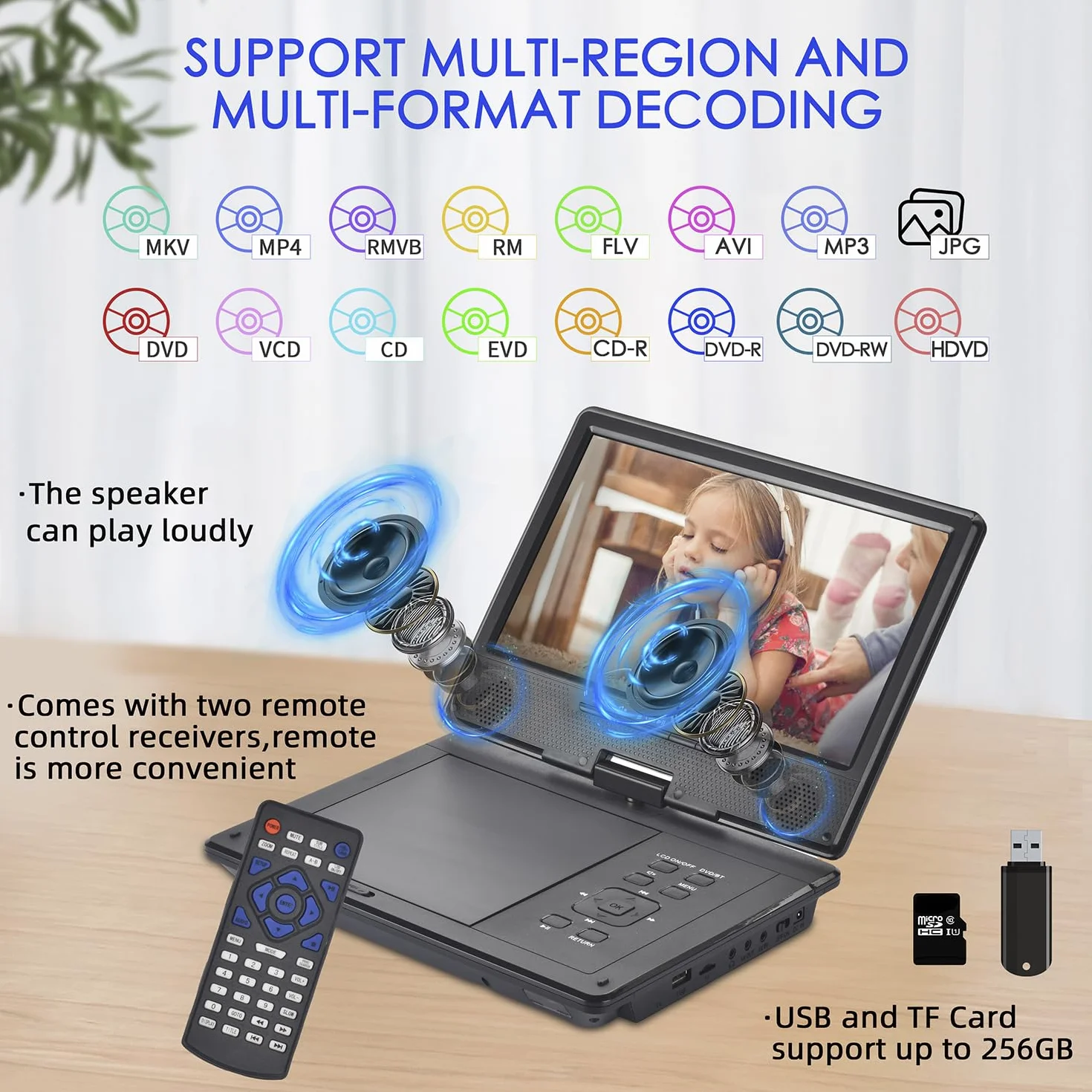 Przenośny odtwarzacz DVD YOOHOO 12,5" z Bluetoothem i obrotowym ekranem 10,5" dla dzieci, nie obsługuje wszystkich regionów, bezpośrednie odtwarzanie wszystkich formatów MKV/MP4/WAV/MP3/CD