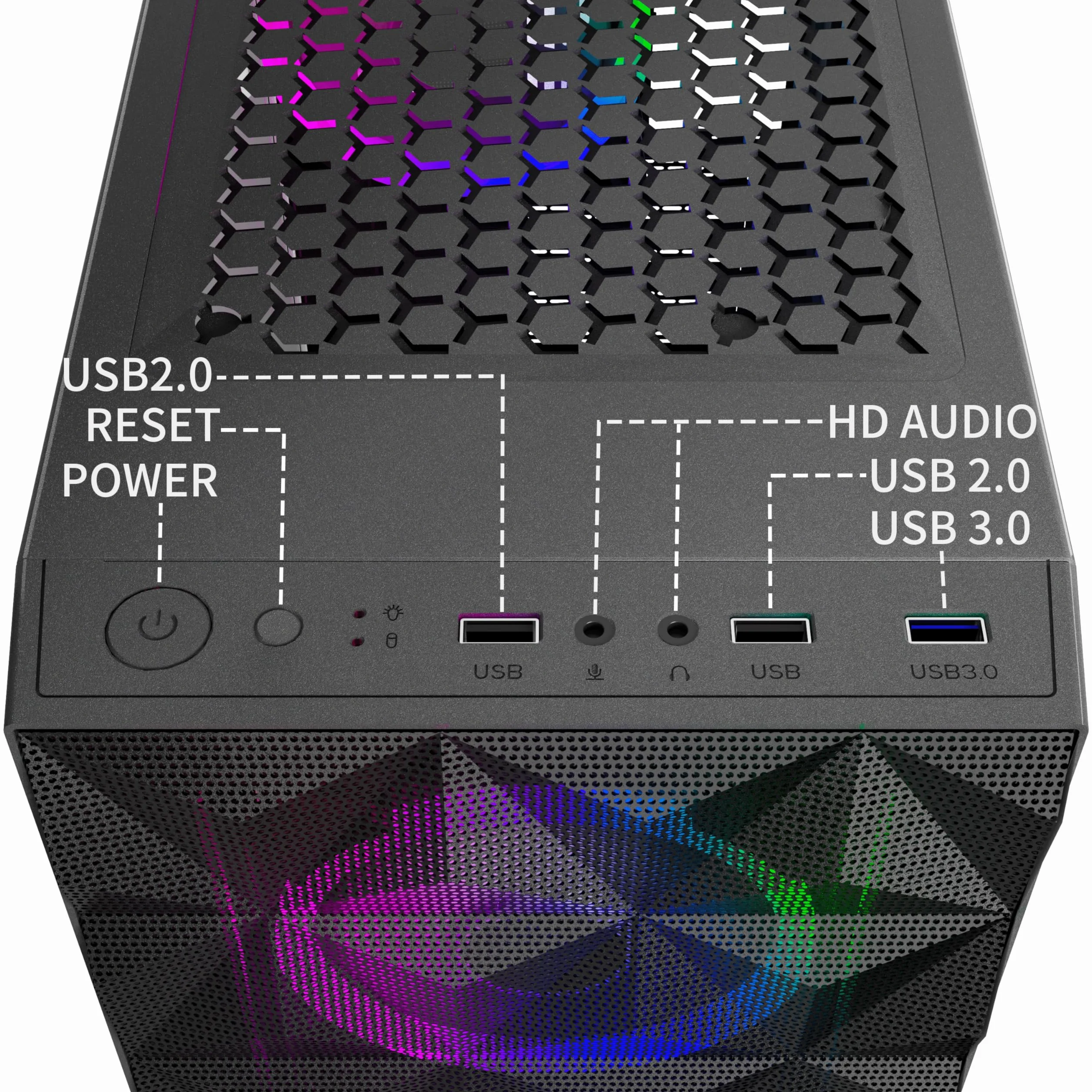 MOROVOL Obudowa PC wstępnie zainstalowana 4 wentylatory RGB, obudowa na komputer do gier ATX z przednią siatką w kształcie rombu i bocznym panelem ze szkła hartowanego, obudowa USB 3.0 Airflow Mid