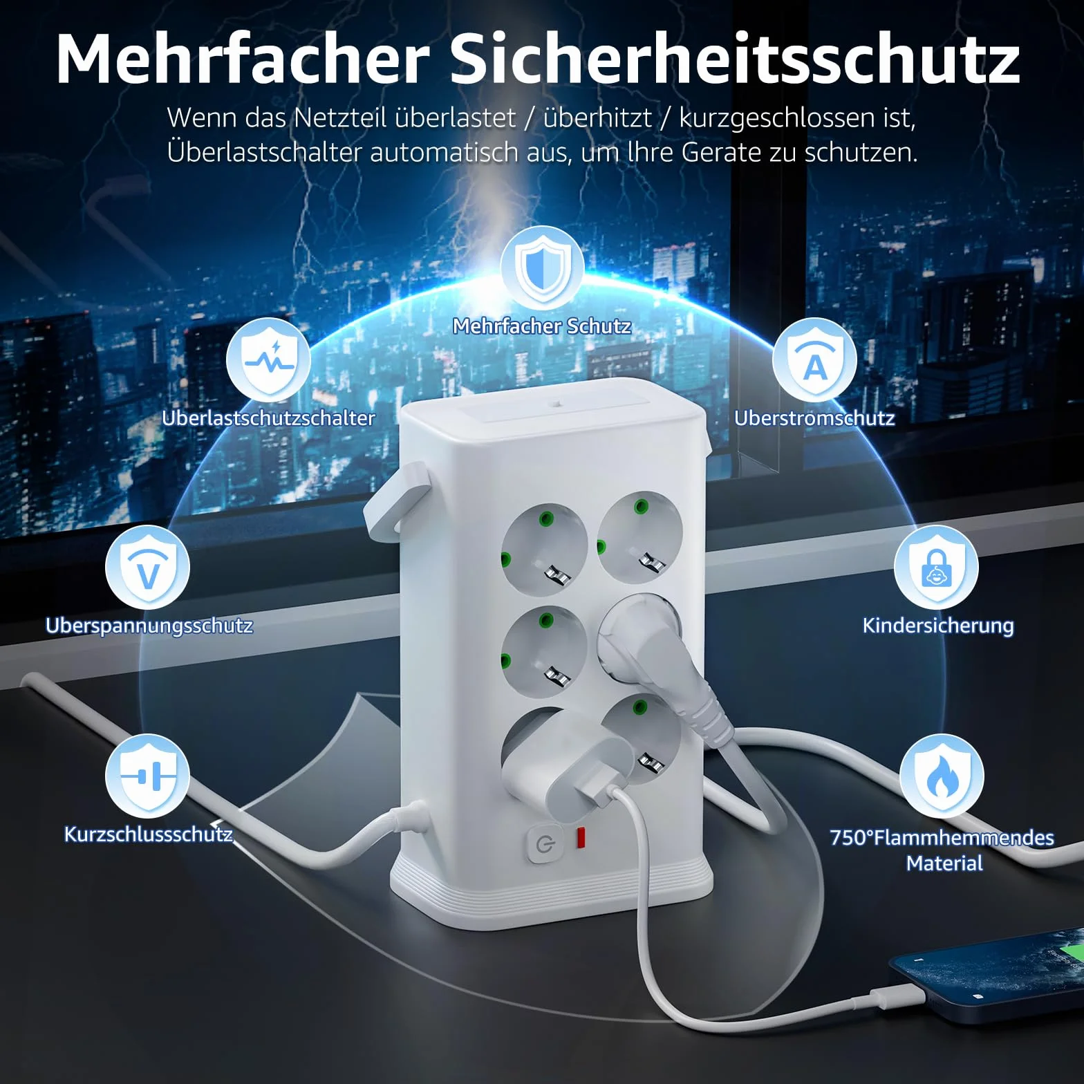 Listwa zasilająca z 12 gniazdami z 4 portami USB i światłem, listwa zasilająca 16 w 1, listwa zasilająca z przełącznikiem, ochrona przed przepięciem, przedłużacz 2 m, do domu, biura