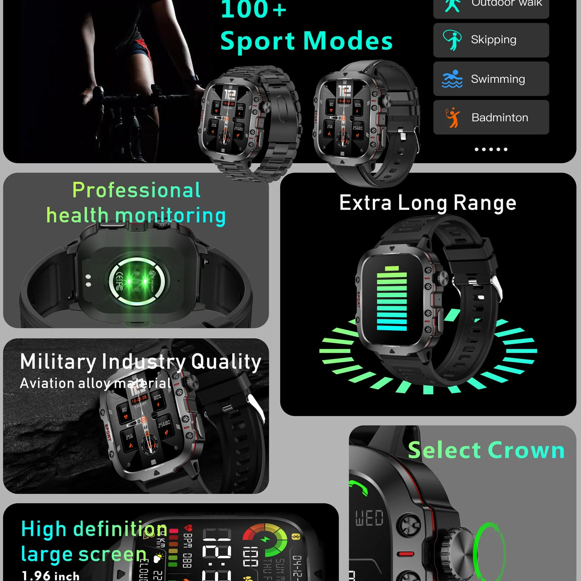 Smartwatch męski z funkcją telefonu, 5 ATM, wodoszczelny 1,96" HD zegarek sportowy z Bluetooth i połączeniami telefonicznymi, monitor tętna, monitorem snu, krokomierzem