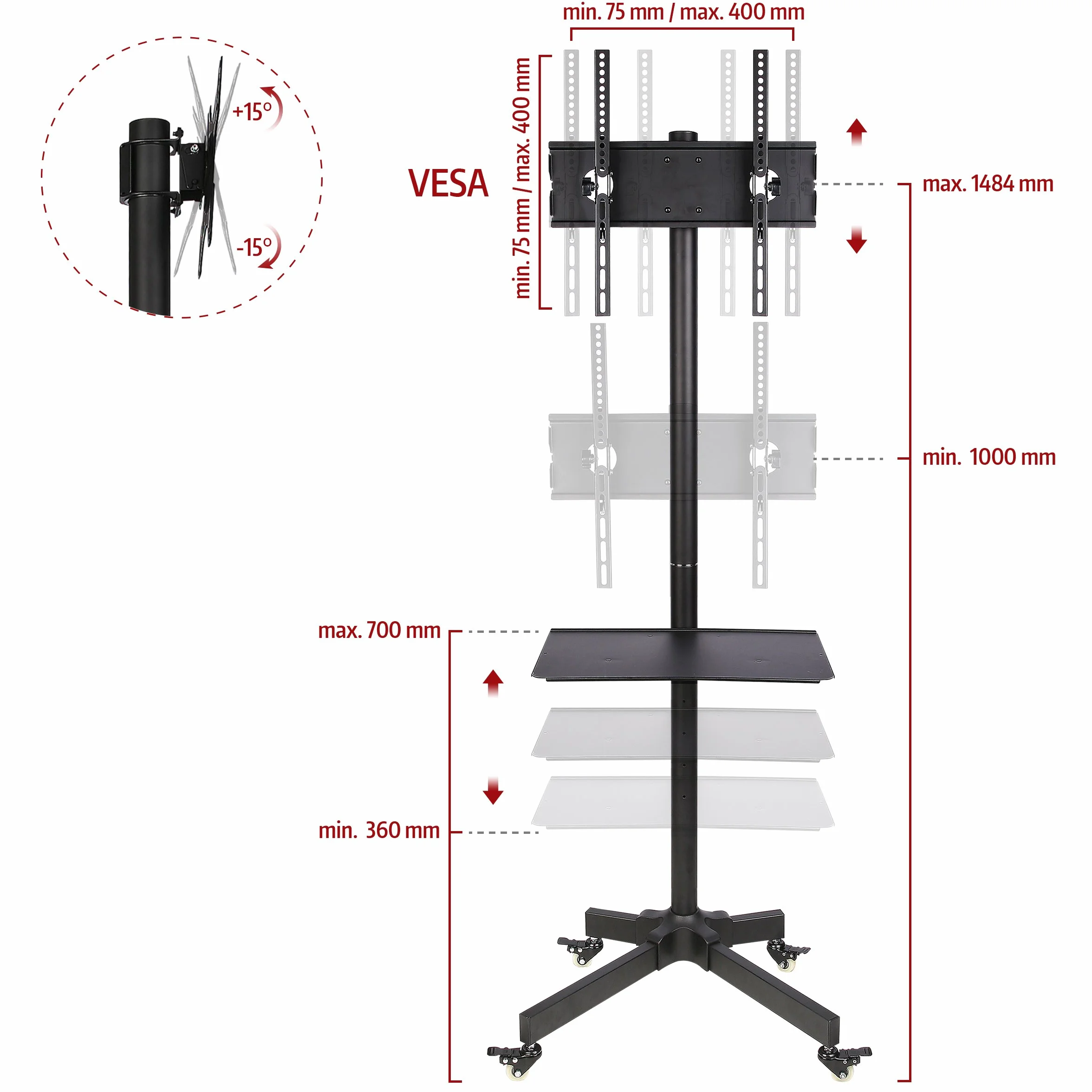 Mobilny stojak do telewizorów LCD LED od 32 do 55 cali (81 cm - 140 cm), VESA maks. 400 x 400 mm, maksymalny udźwig 25 kg