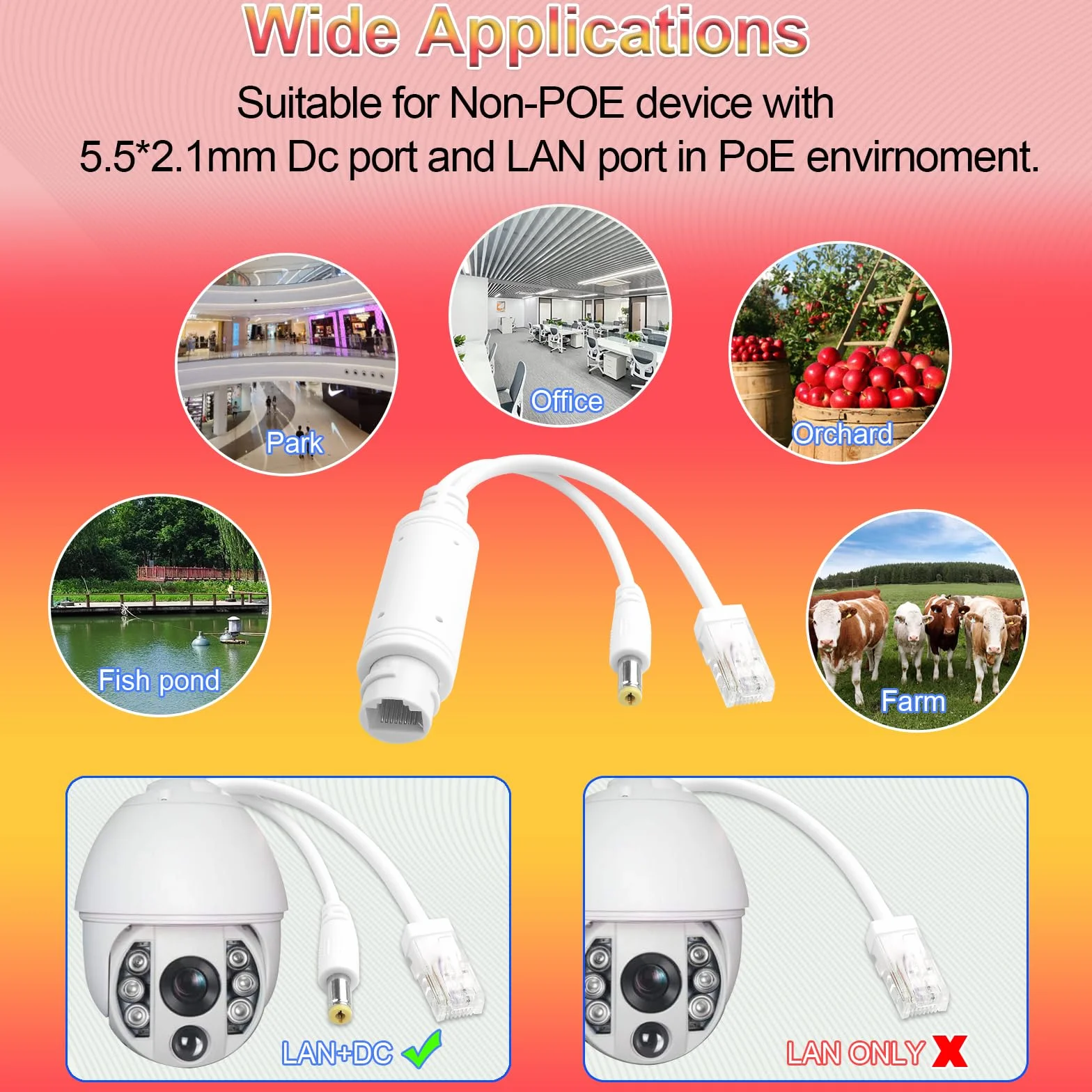 Rozdzielacz PoE Power over Ethernet 48 V do 12 V IP55 wodoszczelny, 5,5 x 2,1 mm złącze DC, IEEE 802.3af/at, odpowiedni do kamer IP, biały (2 sztuki)