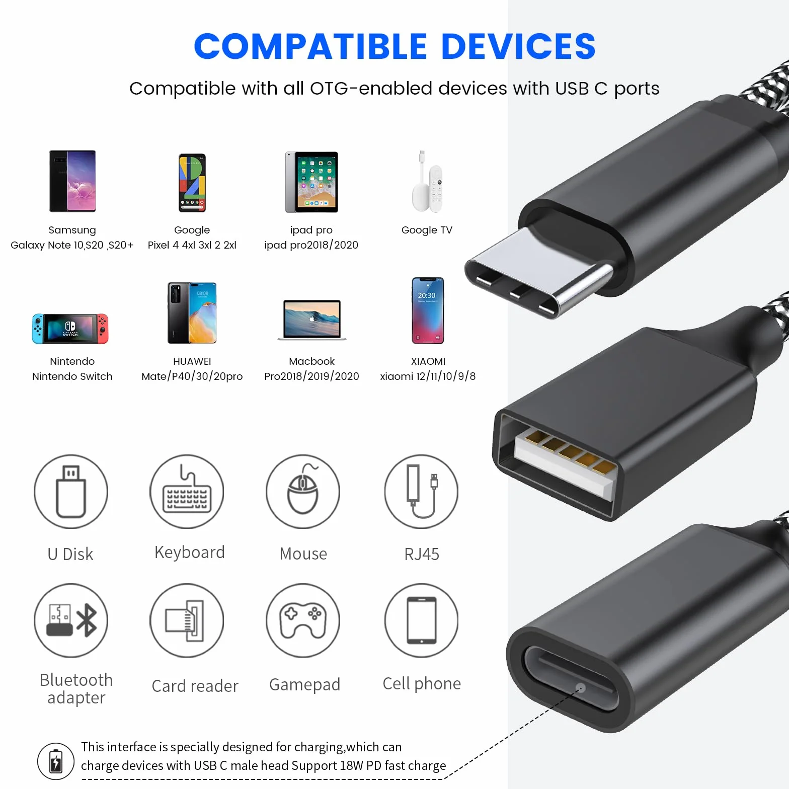 USB C OTG, adapter do telefonu port ładowania USB C, z adapterem Pd 18 W, kompatybilny z Samsung Galaxy S20+, przełącznikiem, Google chromecast i Google TV 2020 Pi KVM, drukarką 3D