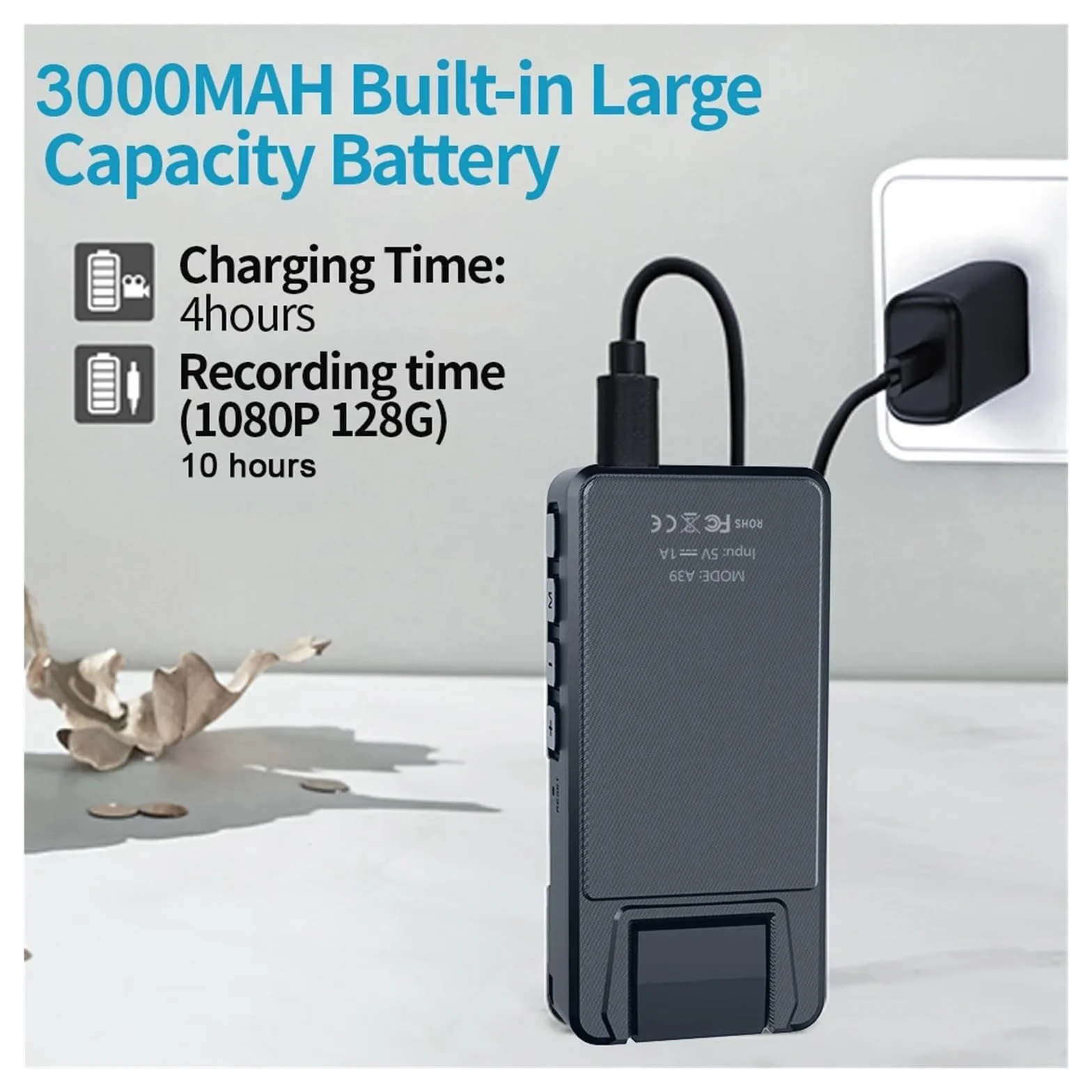 Kamera nasobna, A39 Full 1080P HD Mini kamera 3000mAh kamera do montażu na ciele mała kamera rowerowa obrotowa 180° sport DV wideorejestrator samochodowy kamera internetowa(With 16GB TF Card,Standard