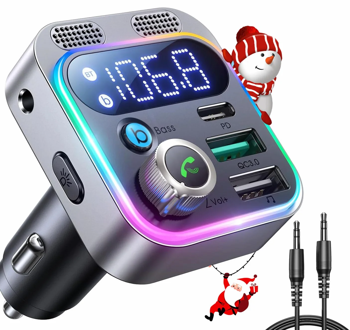 JOYROOM Adapter Aux Bluetooth Samochodowy, Radio samochodowe z nadajnikiem Bluetooth 5.3 FM [Mocniejsze dwa mikrofony i głęboki bas HiFi] Odtwarzacz muzyczny, 48 W PD i QC3.0, zestaw głośnomówiący