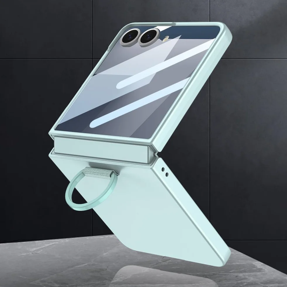 Etui do Samsung Galaxy Z Flip 7, osłona ekranu ze szkła hartowanego, etui na telefon z uchwytem pierścieniowym, stojak, smukłe twarde tworzywo PC, odporne na wstrząsy, niebieskie