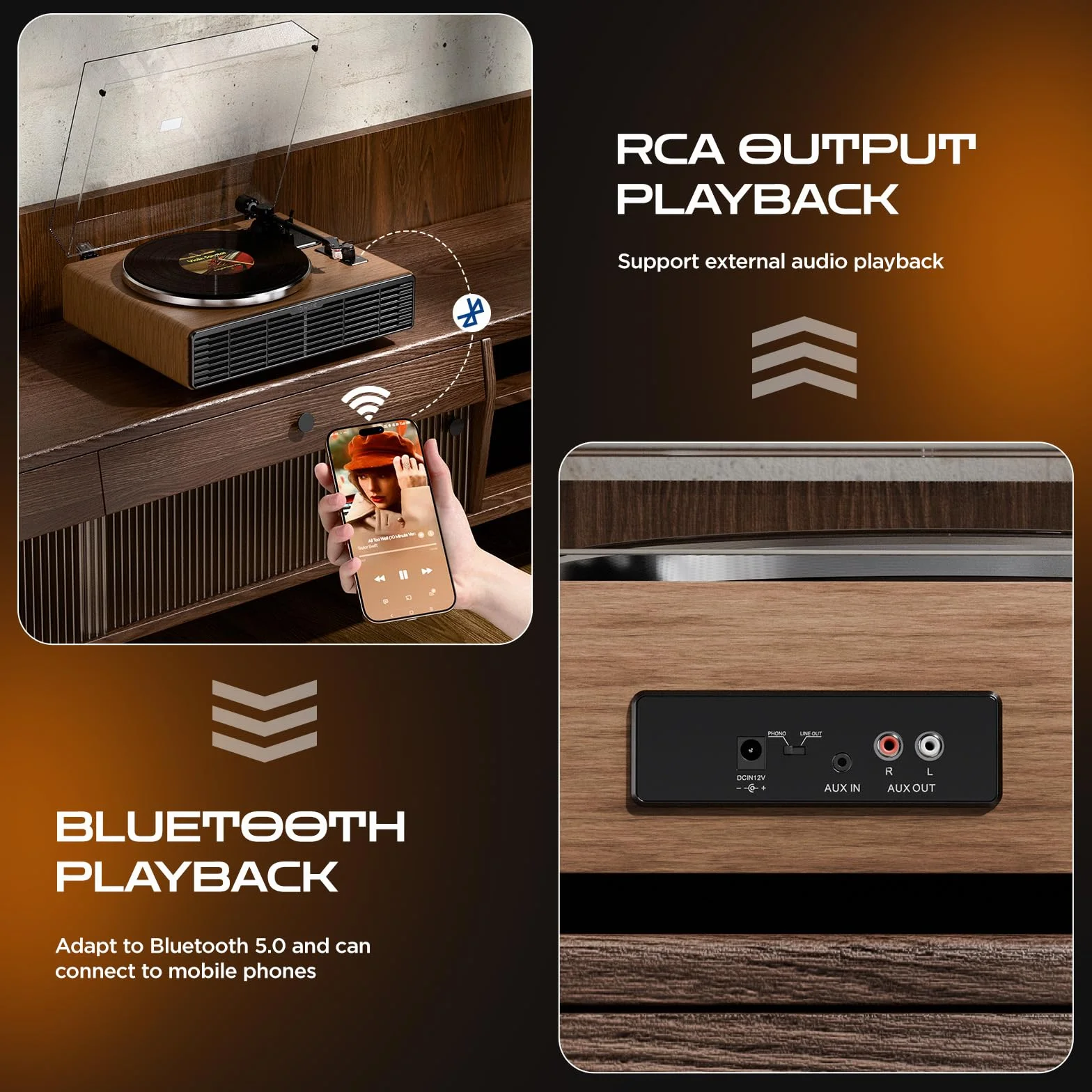 Gramofon Bluetooth HiFi z głośnikami z 4 głośniki stereo, wbudowanym przedwzmacniaczem fono, 33/45 obr./min, magnetycznym AT-3600L, napęd pasowy Vinyl Record Player