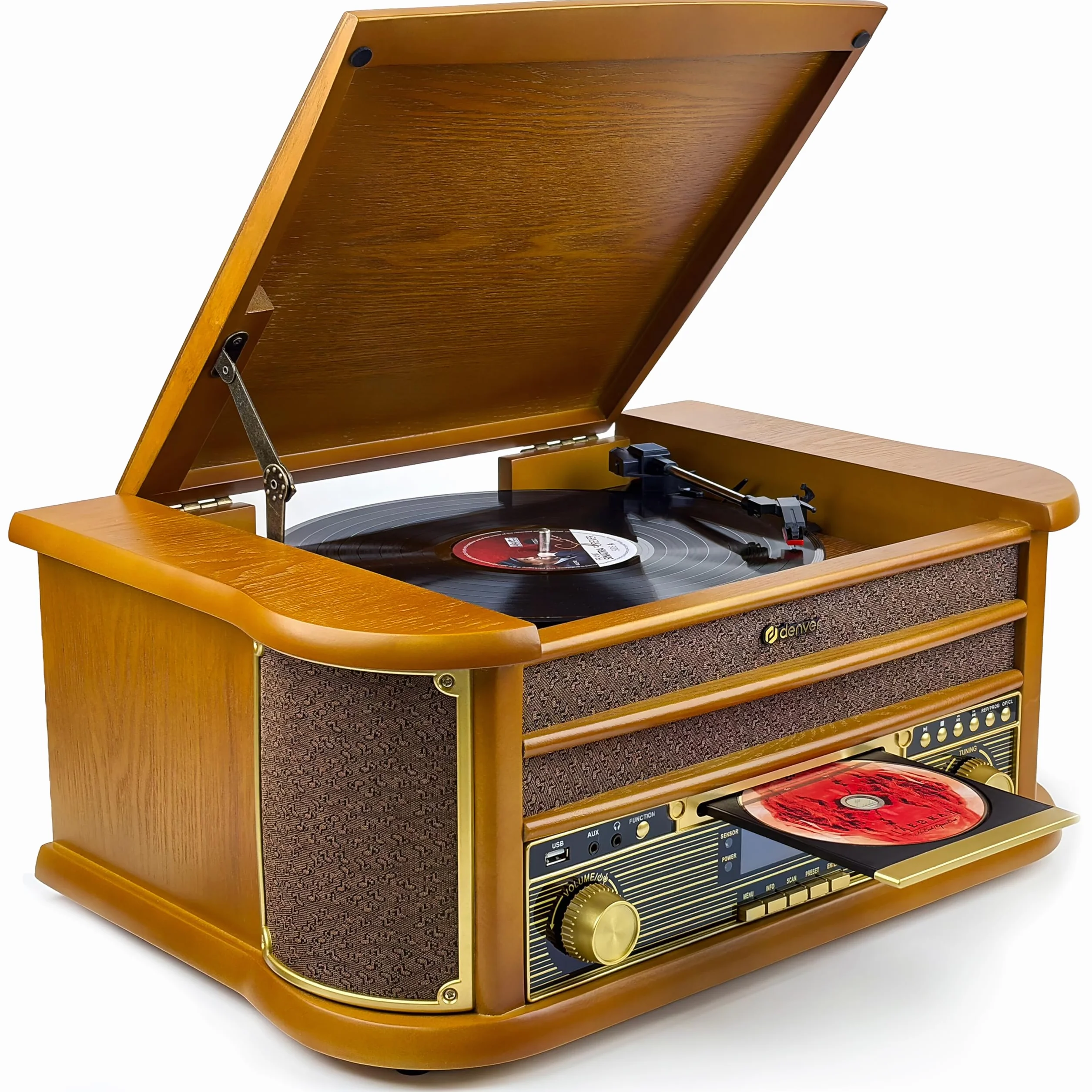 Denver MRD-51 DAB+, radio FM/AM z odtwarzaczem CD, kasetowym i gramofonem, wygląd drewna