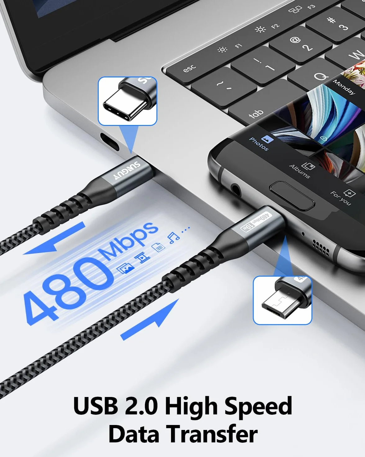 SUNGUY Kabel USB C do Micro USB OTG, 480 Mbit/s, Kompatybilny z MacBook Pro, Galaxy S21 S20 S10 - 0.5m