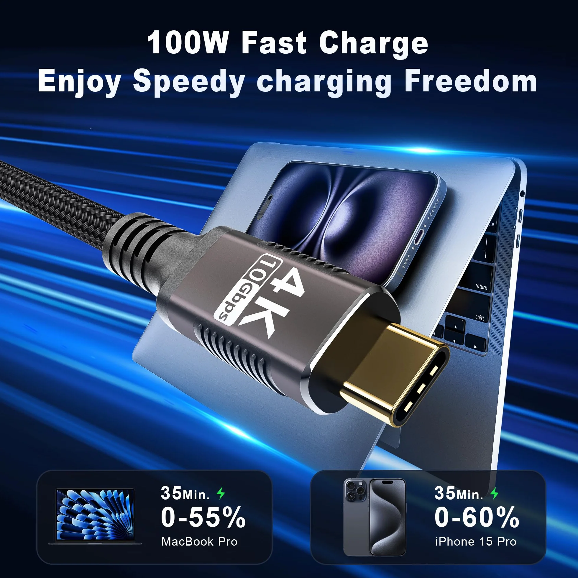 Kabel USBC kompatybilny z Thunderbolt 3, Kabel USB C 3.1 Transfer danych 10 Gb/s, szybkie ładowanie 100 W. (1M+1M)