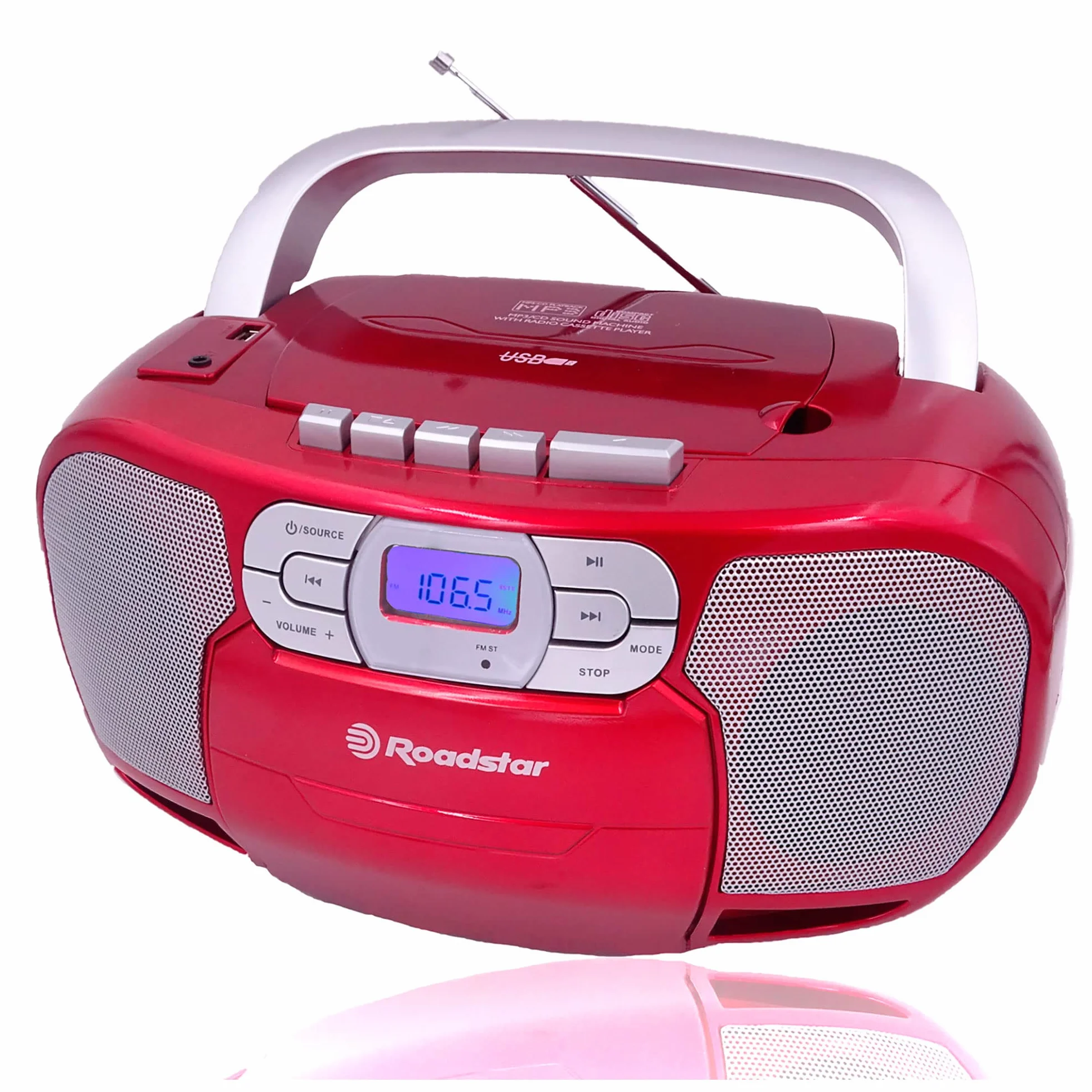 Roadstar RCR-4635UMP/RD Przenośny radio CD Kaseta, Radio cyfrowe PLL FM, Boombox Odtwarzacz CD-MP3, USB, AUX-IN, Wyjście słuchawkowe, Czerwony