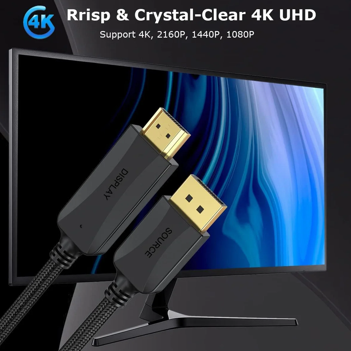 Kabel DisplayPort do HDMI 4K, 1,2 m, adapter DP na HDMI, szybki męski na męski, kompatybilny z Dell, HP, Insignia, Samsung, plus, niedwukierunkowy