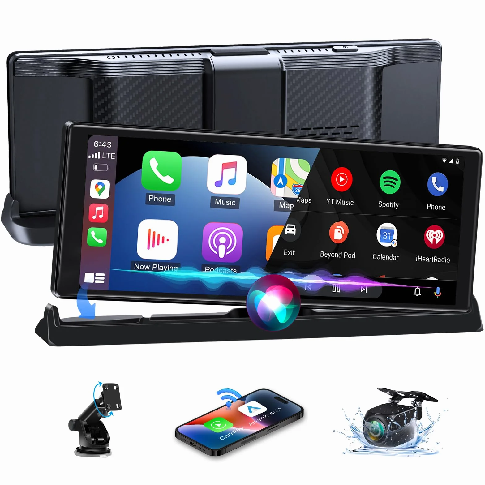 【Ograniczony czas】Ekran do odtwarzania samochodu Apple z ekskluzywnym uchwytem, 25.6 cm, bezprzewodowy CarPlay Android Auto, ekran CarPlay do tabletu samochodowego z nawigacją GPS Siri G-oogle