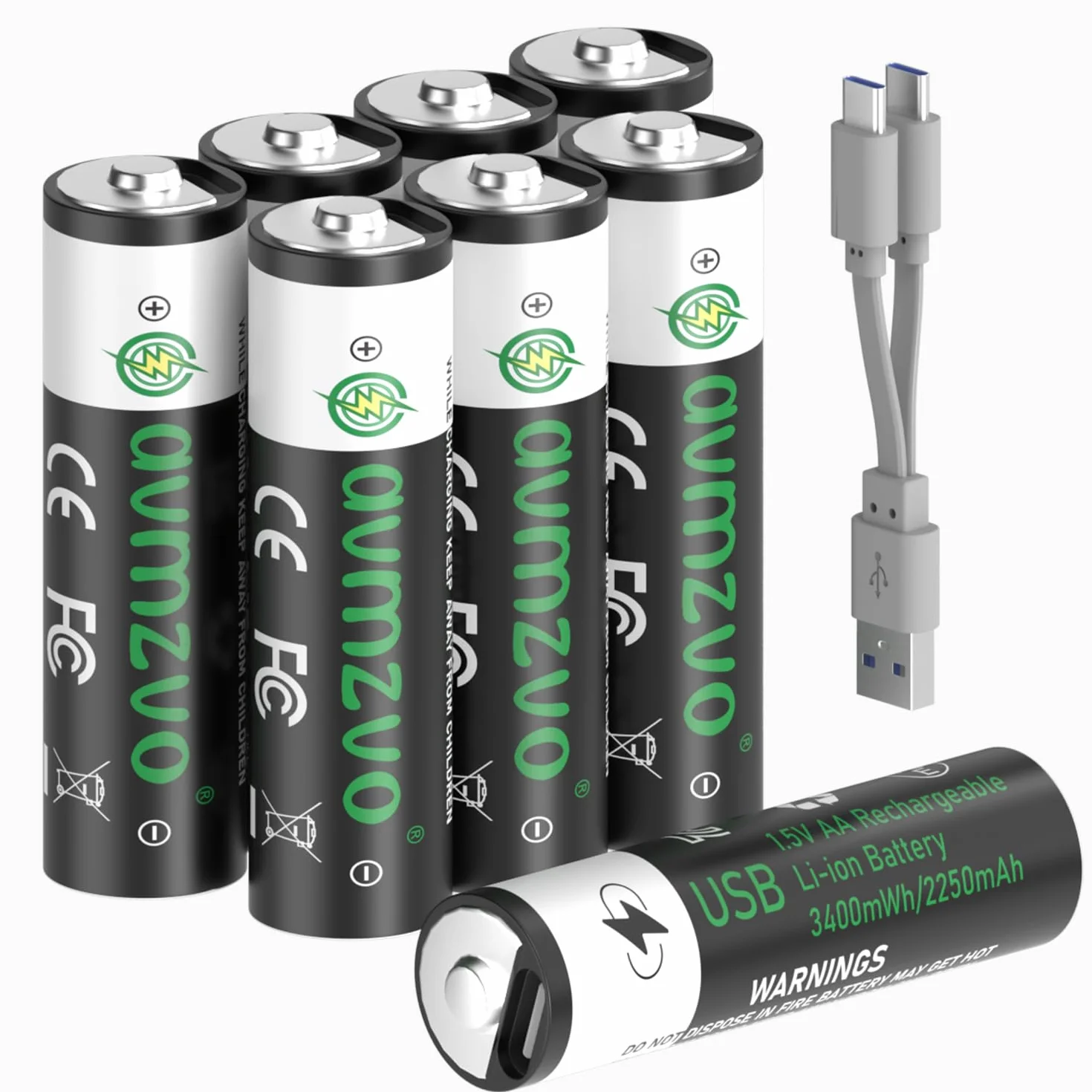 Akumulatory AA, 3400 mWh, baterie LR6 USB-C litowe z kablem do ładowania USB-C 2 w 1, 1,5 V, szybkie ładowanie przez 2-3 godziny, 8 sztuk