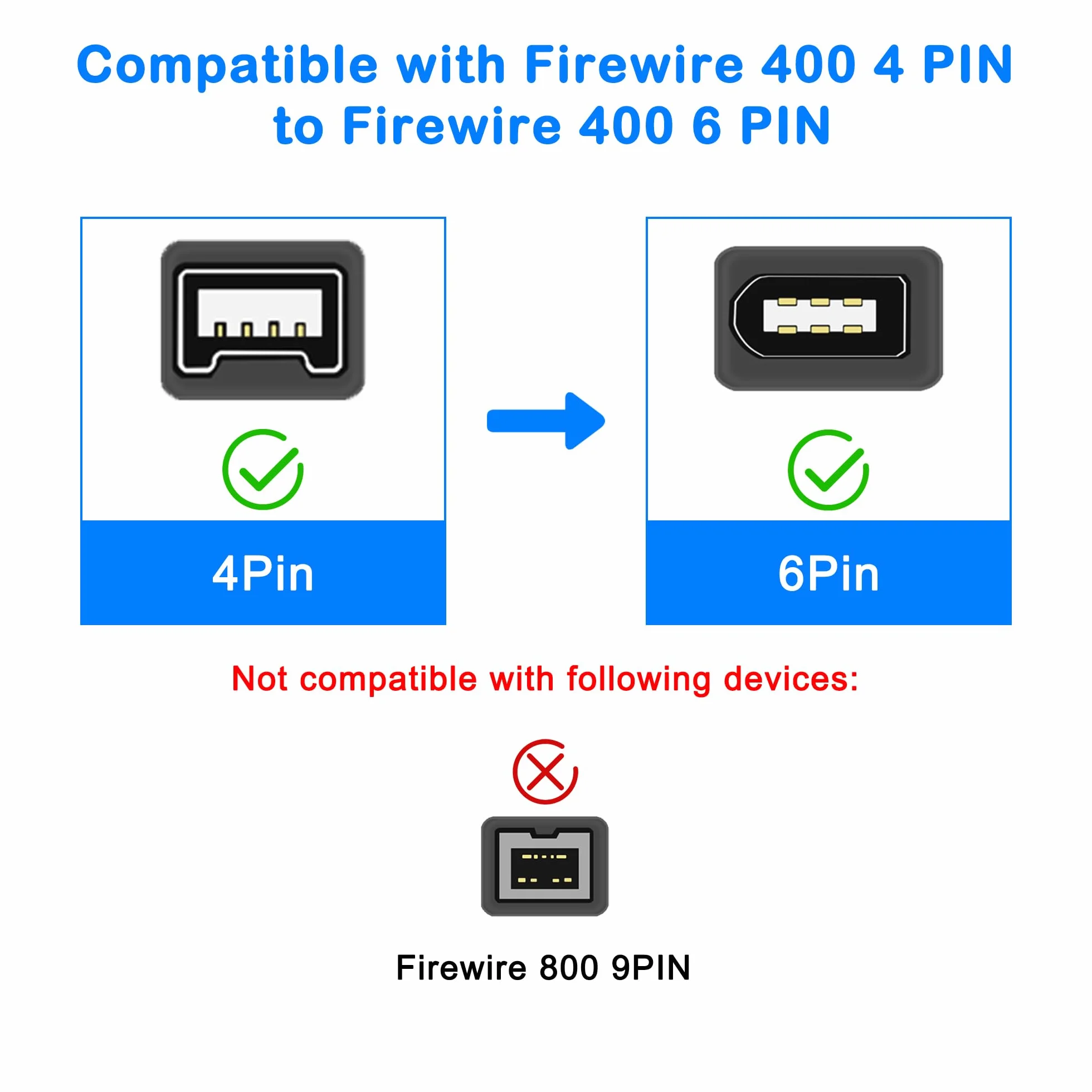 MEIRIYFA Firewire IEEE 1394B wtyczka 6-stykowa do 4-pinowego kabla wtykowego, Firewire 400 do Firewire 400 4 Pin do 6 Pin High Speed 400 Mbps do drukarki, skanera, aparatu cyfrowego (1,8 m, czarna)