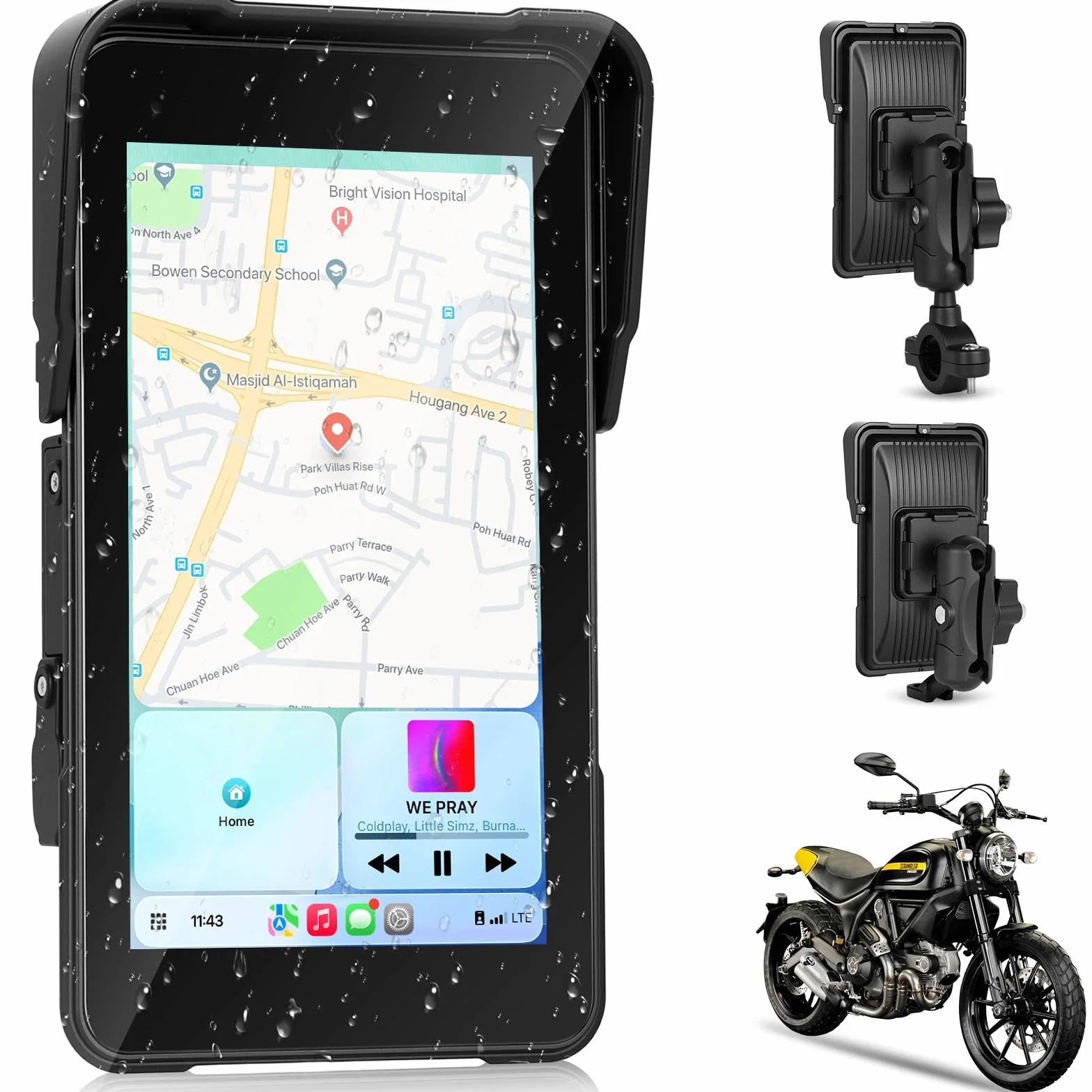 Moto CarPlay ekran do motocykli, bezprzewodowy CarPlay i Android Auto 5", wyświetlacz HD 5", wodoszczelność IP68, z Bluetooth, obsługa TPMS, zdejmowane zabezpieczenie przed kradzieżą