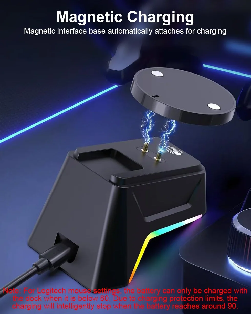Wireless Magnetic Charging Station for Logitech Mouse G502 / G502 Hero, G703 (Hero) G903 (Hero), G403, G Pro Wireless 1/2, G Prox Superlight 1/2, charging base System with anti-slip and LED