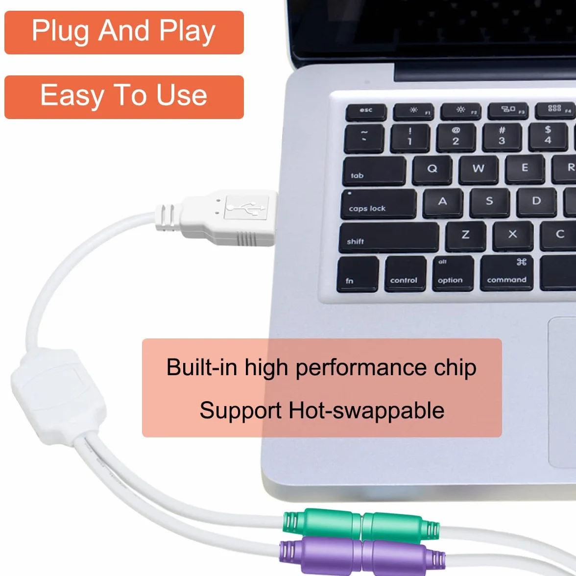 Xiatiaosann PS2 na USB A adapter kabel klawiatura mysz adapter przewód PS/2 męski na USB A wtyczka męska do myszy i klawiatury, zamiennik adaptera myszy PS2, 2 szt