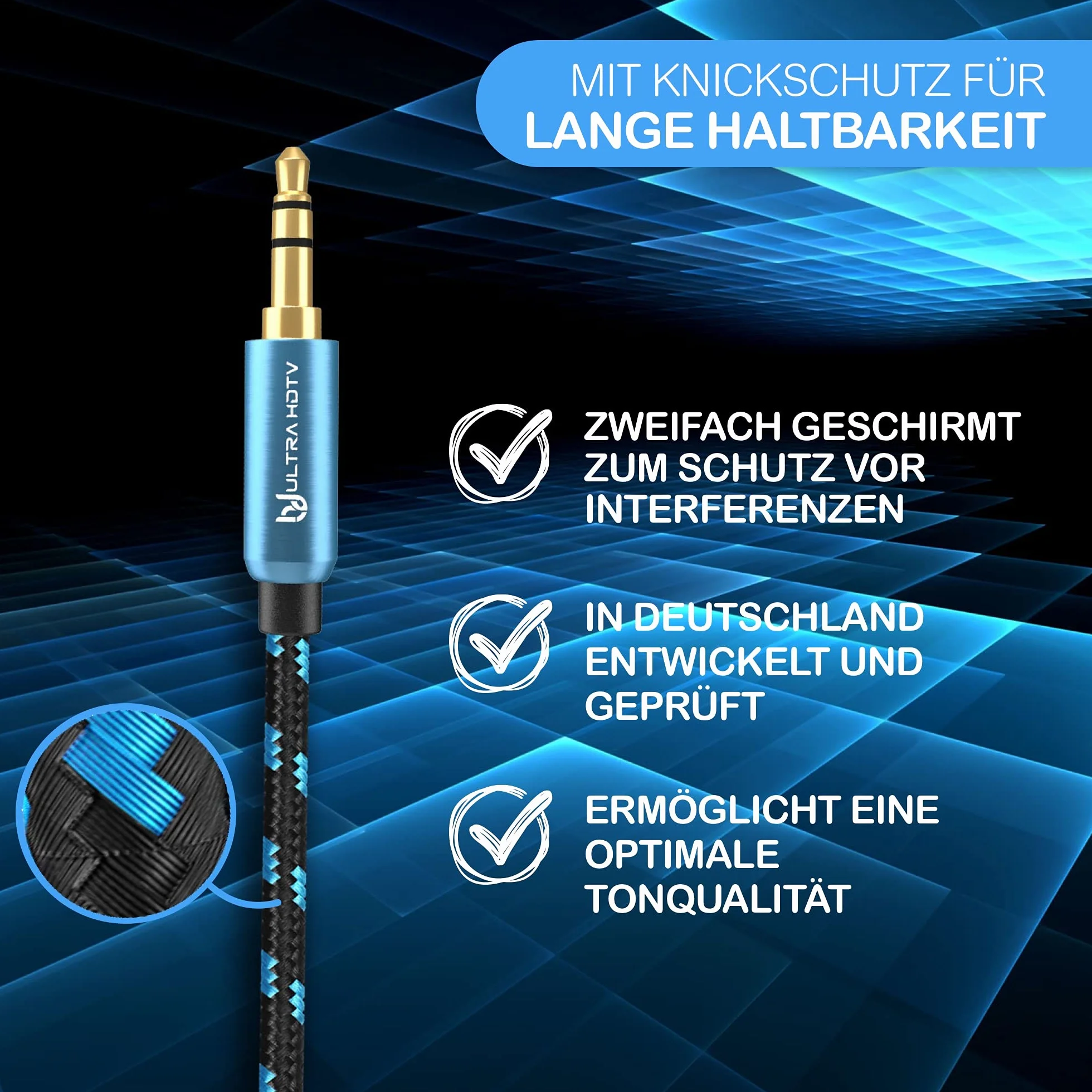 Kabel Ultra HDTV Premium AUX — 2-metrowy kabel jack z wtyczką jack 3,5 mm do 3,5 mm, stereofoniczny kabel audio z ochroną przed zagięciem, nylonowa osłona, w pełni metalowe wtyczki i pozłacane styki