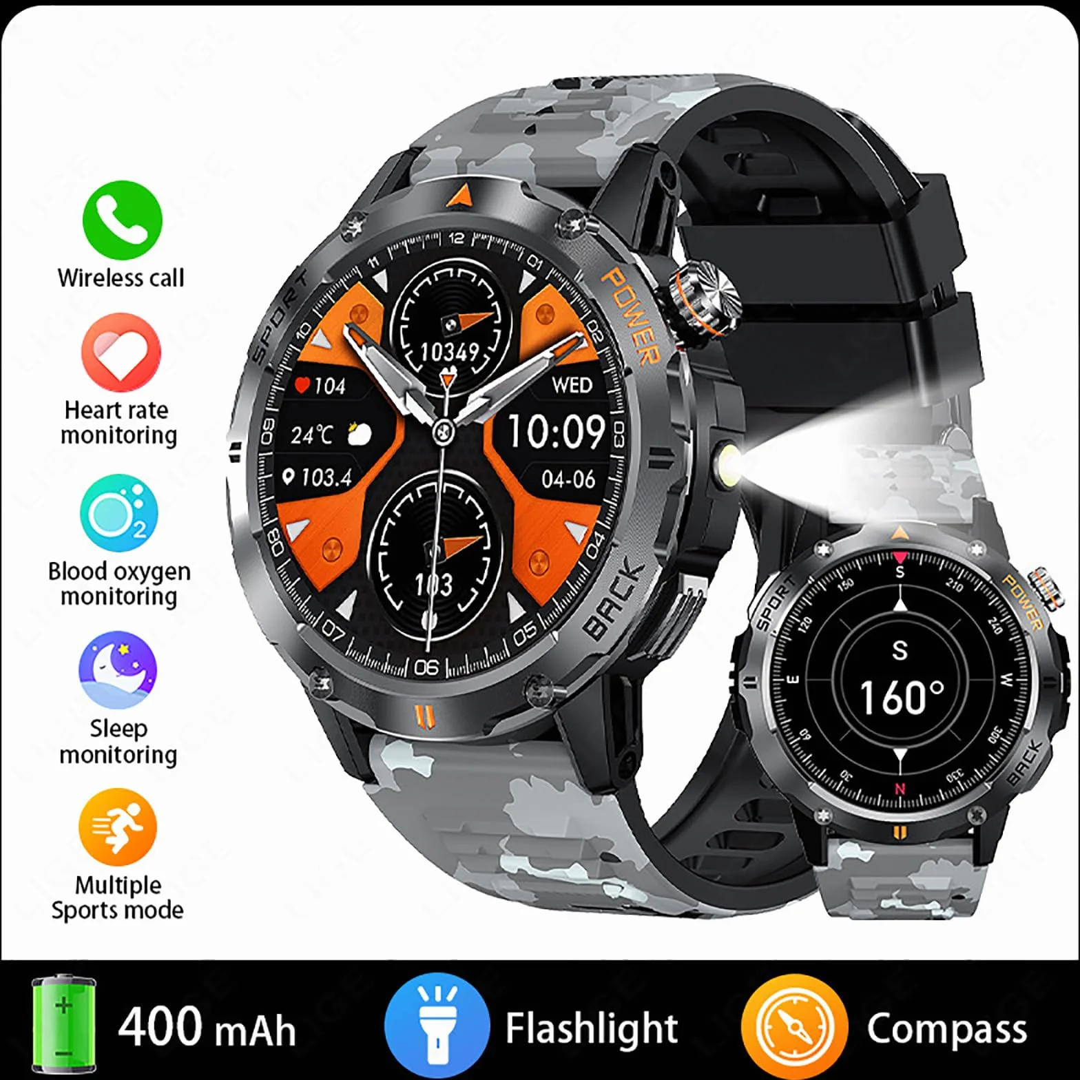 Inteligentny Zegarek, Outdoorowy Inteligentny Zegarek Sportowy, GPS Men Fitness Smartwatches Z 1,53-calowym Ekranem IPS I Latarką LED, Funkcją Kompasu, Wodoodpornością Klasy P68