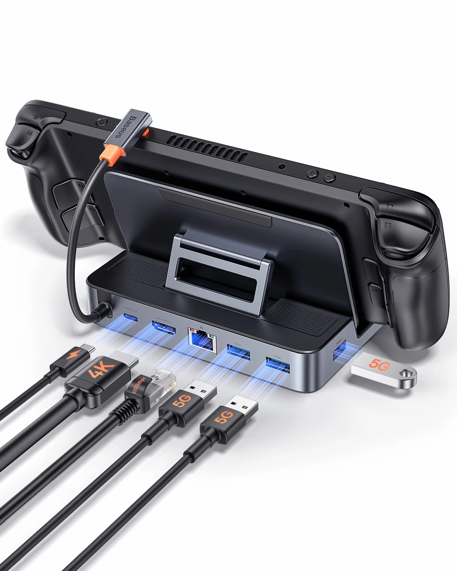 Baseus Stacja dokująca Steam, stacja dokująca 6 w 1 do pokładu Steam, USB C z HDMI 4K przy 60 Hz, 3 porty USB-A 3.0, regulowana konstrukcja stojaka i PD 100 W do szybkiego ładowania