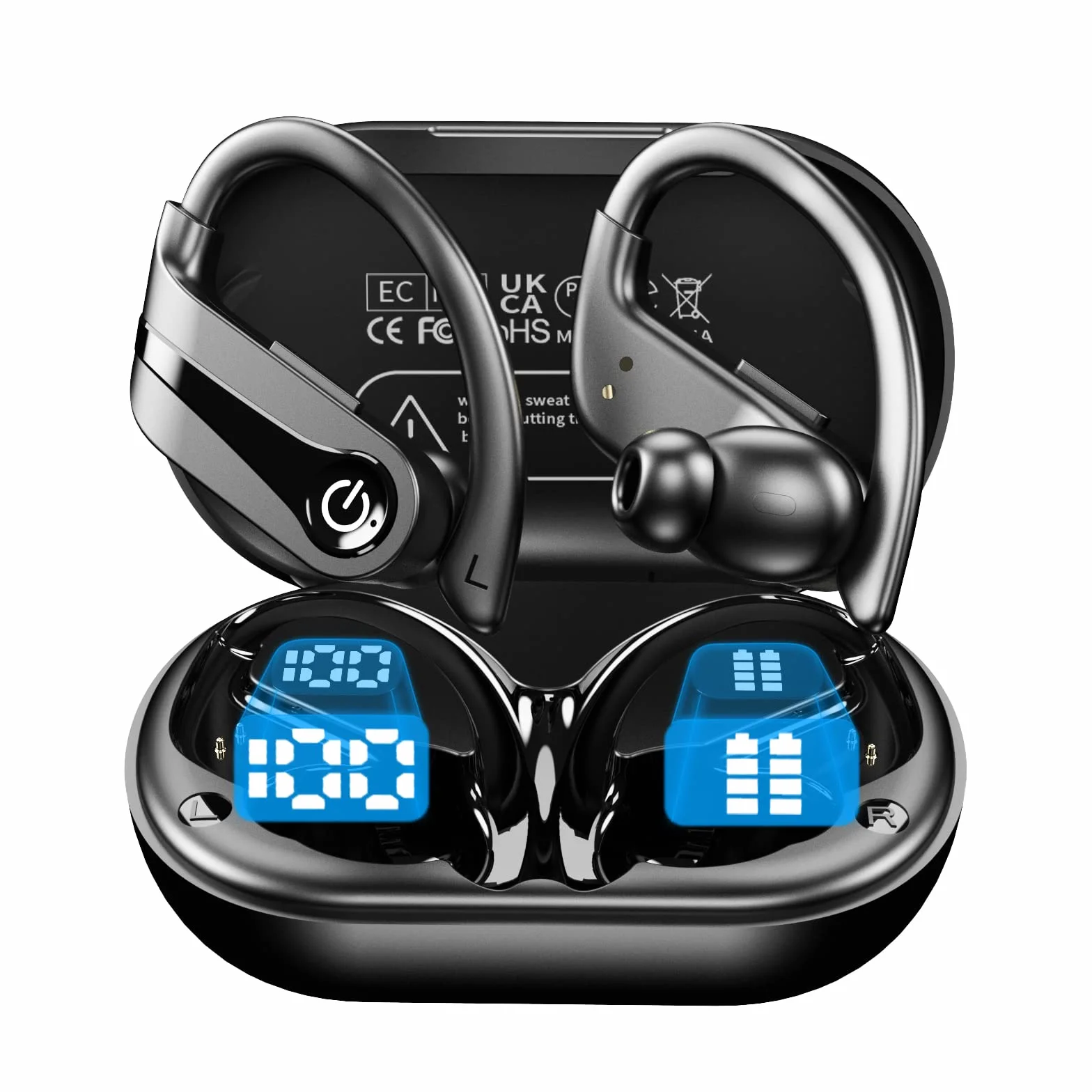 Bezprzewodowe słuchawki douszne Bluetooth z mikrofonem, 72H bezprzewodowe słuchawki Bluetooth 5.3, sportowe słuchawki douszne z cyfrowym wyświetlaczem LED, wodoszczelne IPX7, słuchawki dokanałowe z