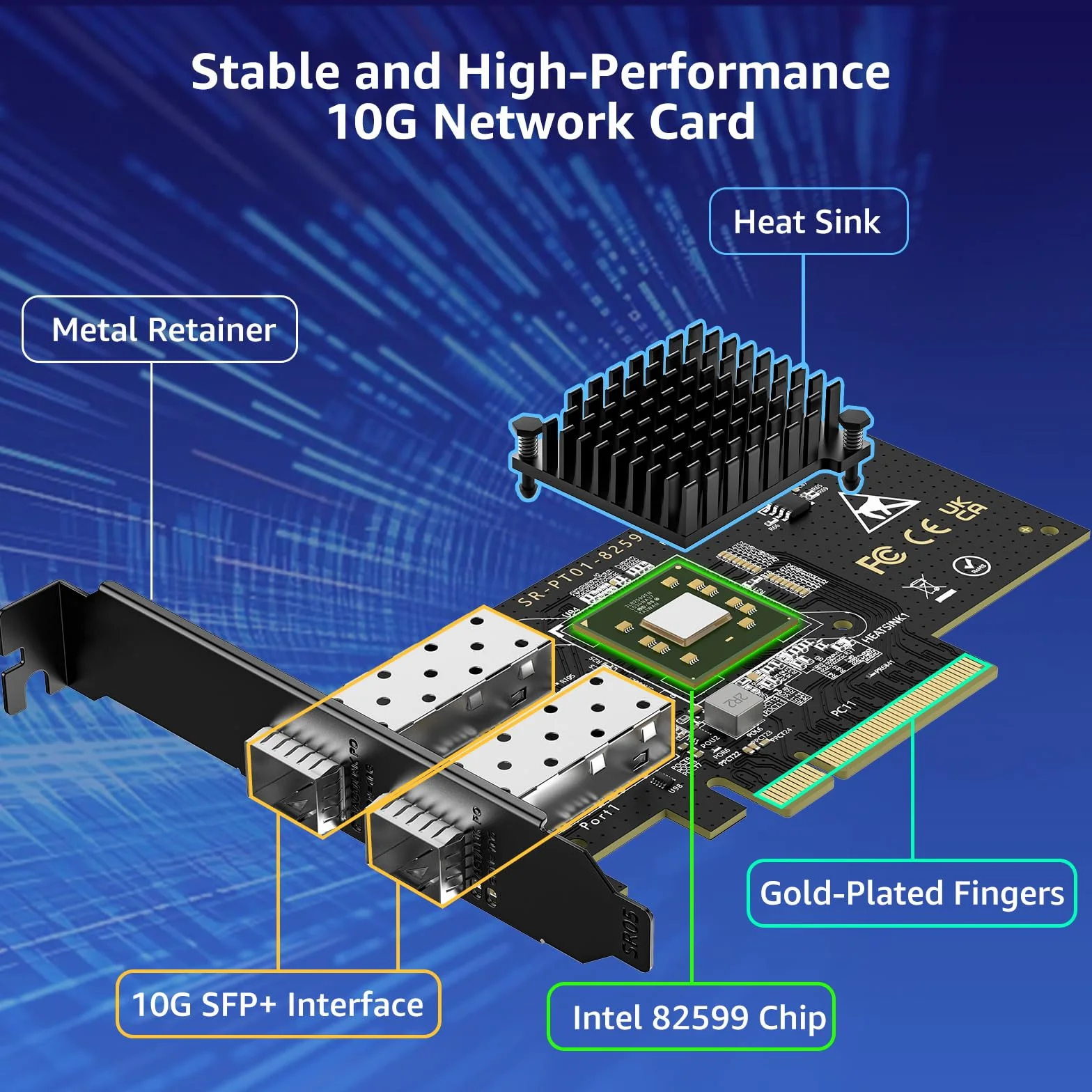 Karta sieciowa 10 Gb SFP+ PCIe z podwójnym portem SFP+ 10 Gbps, Intel 82599(X520-DA2) Chip, VIMIN 10G Ethernet adapter LAN obsługuje Windows 7/8/10/11/Linux/VMware, kompatybilna z PCI Express X8 & X16