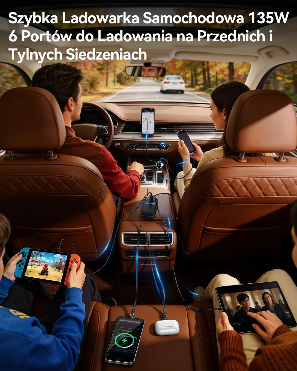 Rocoren Ładowarka samochodowa 6 w 1, USB 135 W, wysuwany adapter do szybkiego ładowania, 12 V-24 V, akcesoria samochodowe do wnętrza z kablem 1,5 m, na kemping, do kampera, podróży, gadżet do laptopa